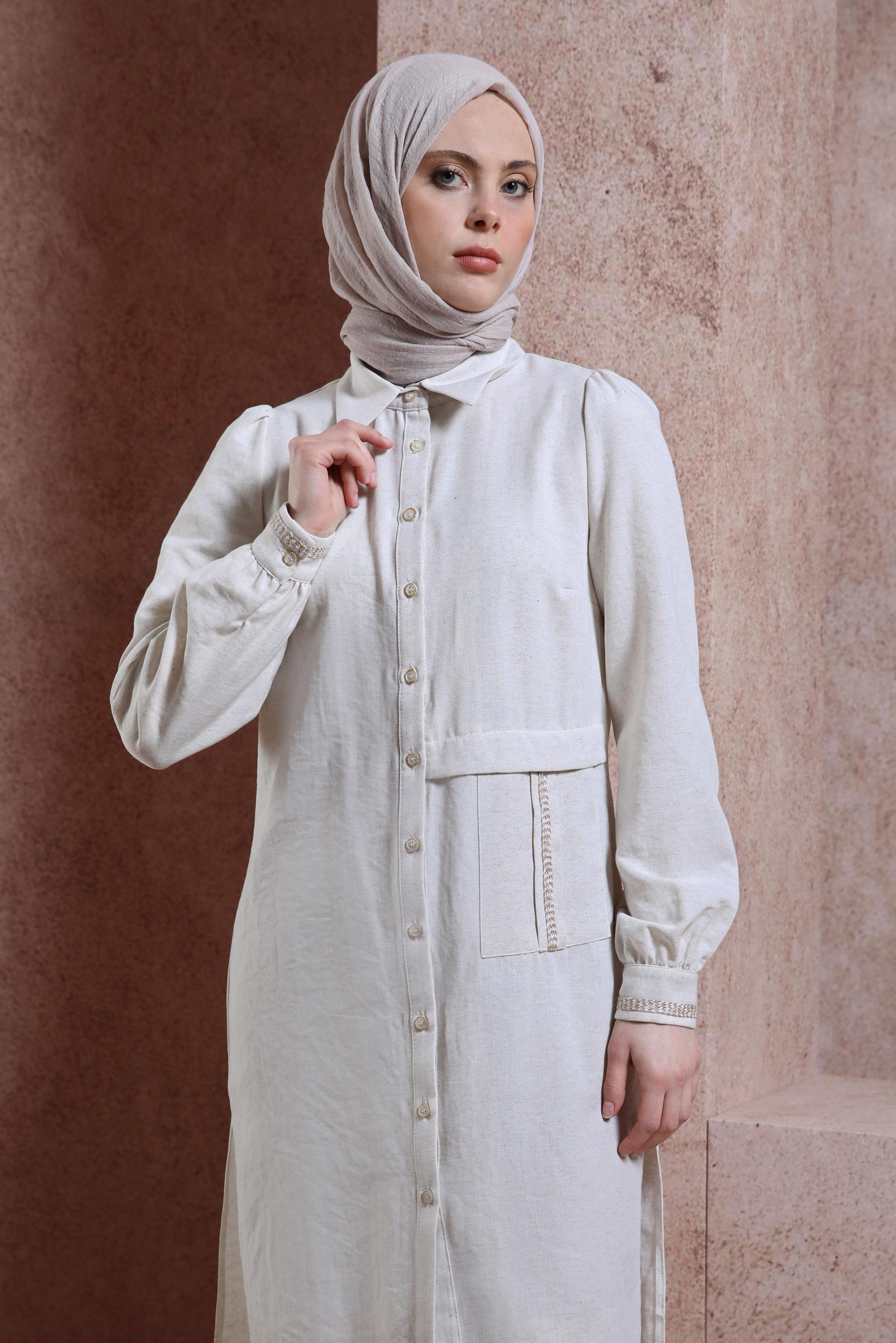 Tesettür giyim EKRU KETEN DOKULU TUNİK 44490