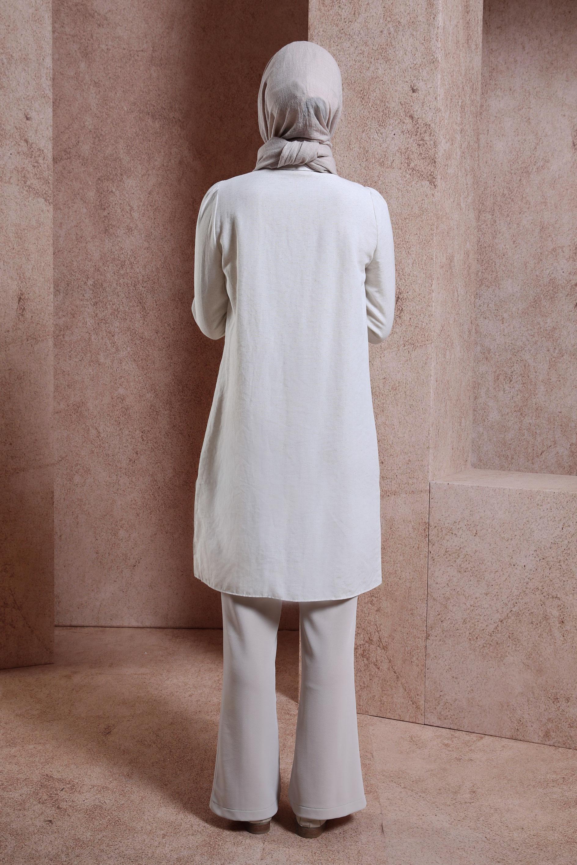 Tesettür giyim EKRU KETEN DOKULU TUNİK 44490