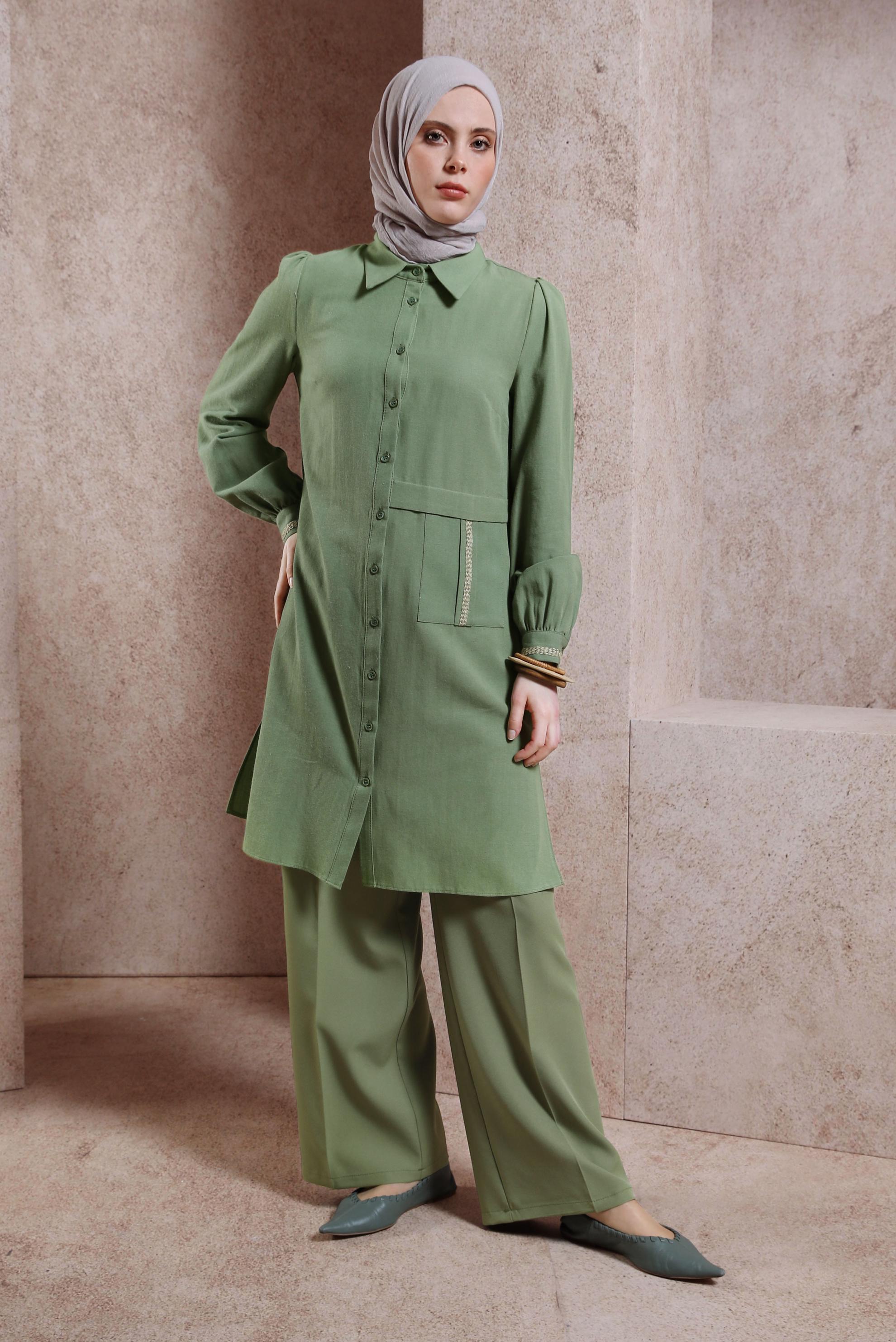 Tesettür giyim HAKİ KETEN DOKULU TUNİK 44490