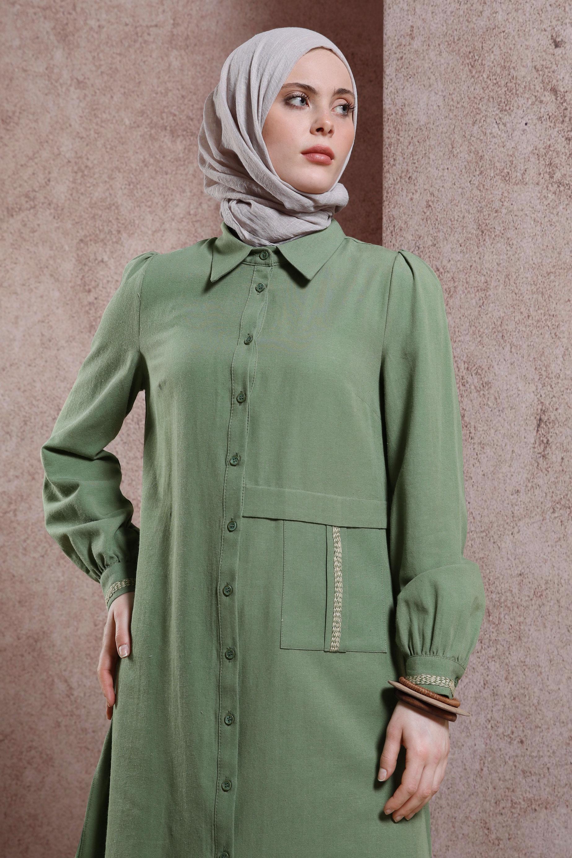 Tesettür giyim HAKİ KETEN DOKULU TUNİK 44490