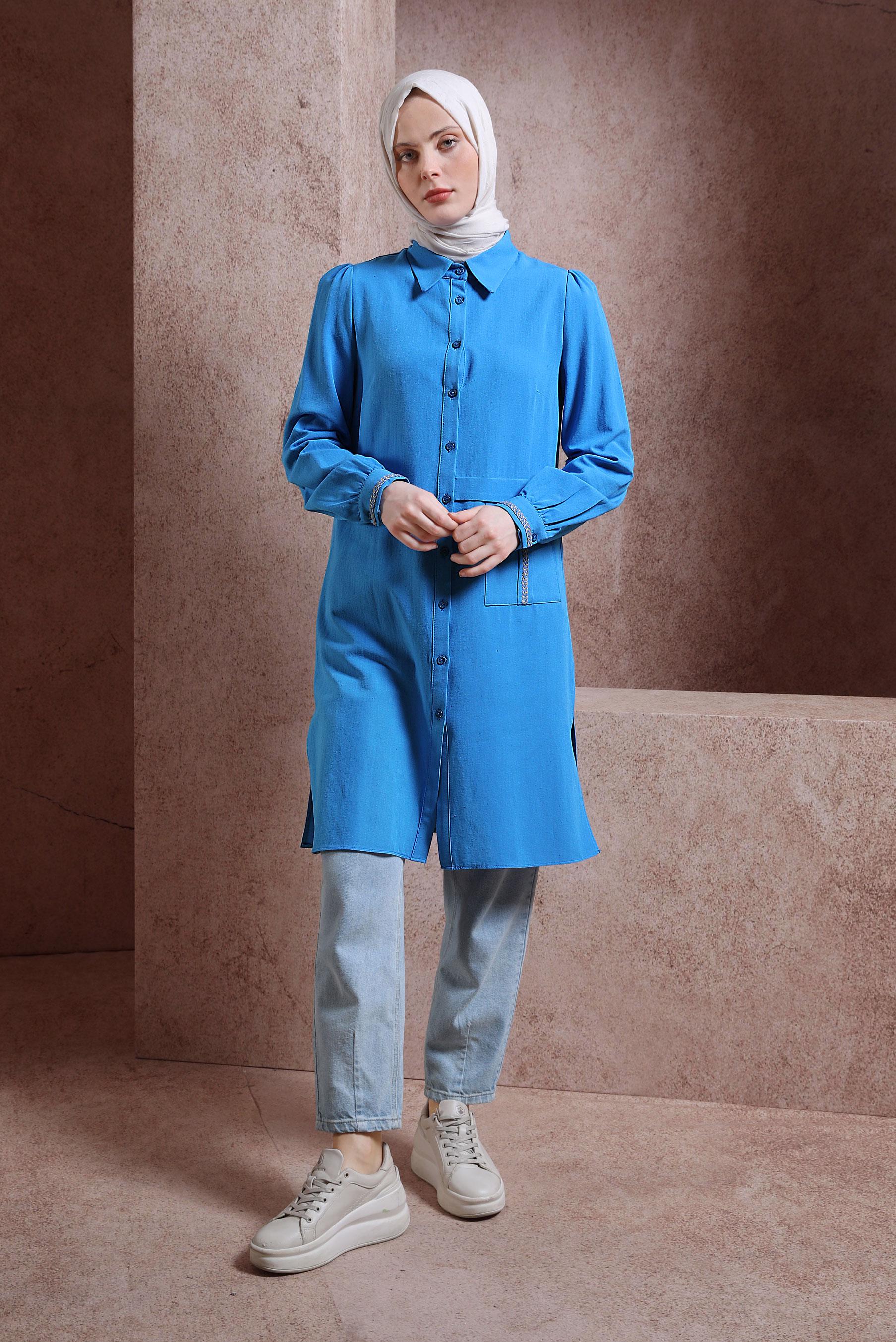 Tesettür giyim LACİVERT KETEN DOKULU TUNİK 44490