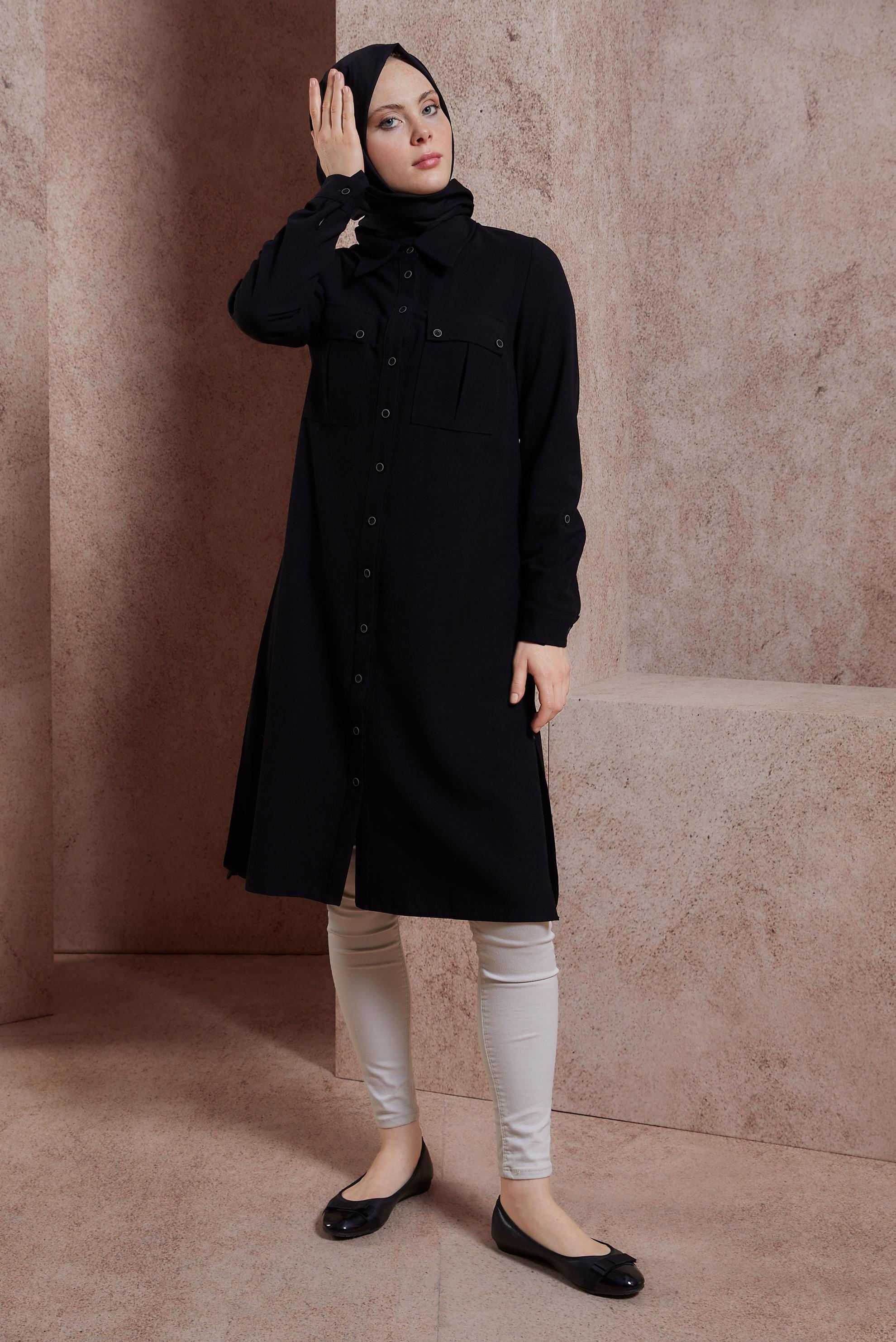 Tesettür giyim SİYAH KETEN DOKULU TUNİK 44491