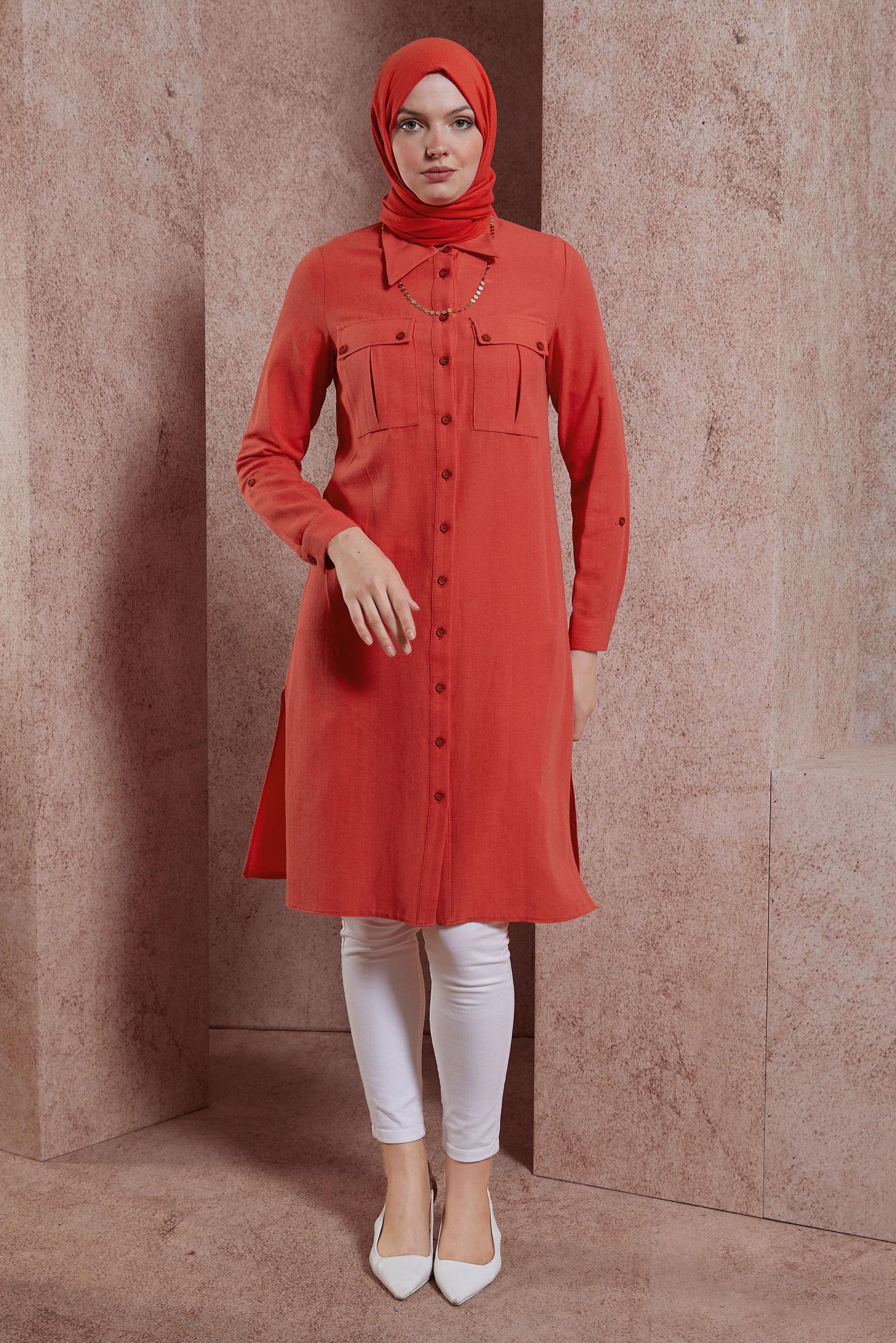 Tesettür giyim KIRMIZI KETEN DOKULU TUNİK 44491