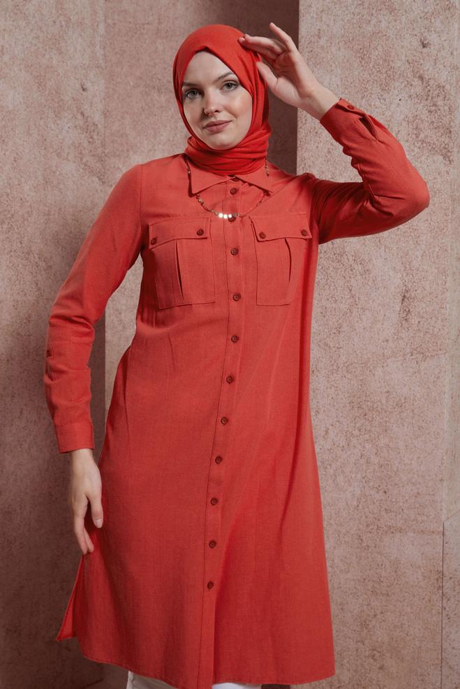 Tesettür giyim KIRMIZI KETEN DOKULU TUNİK 44491 - ALVİNA