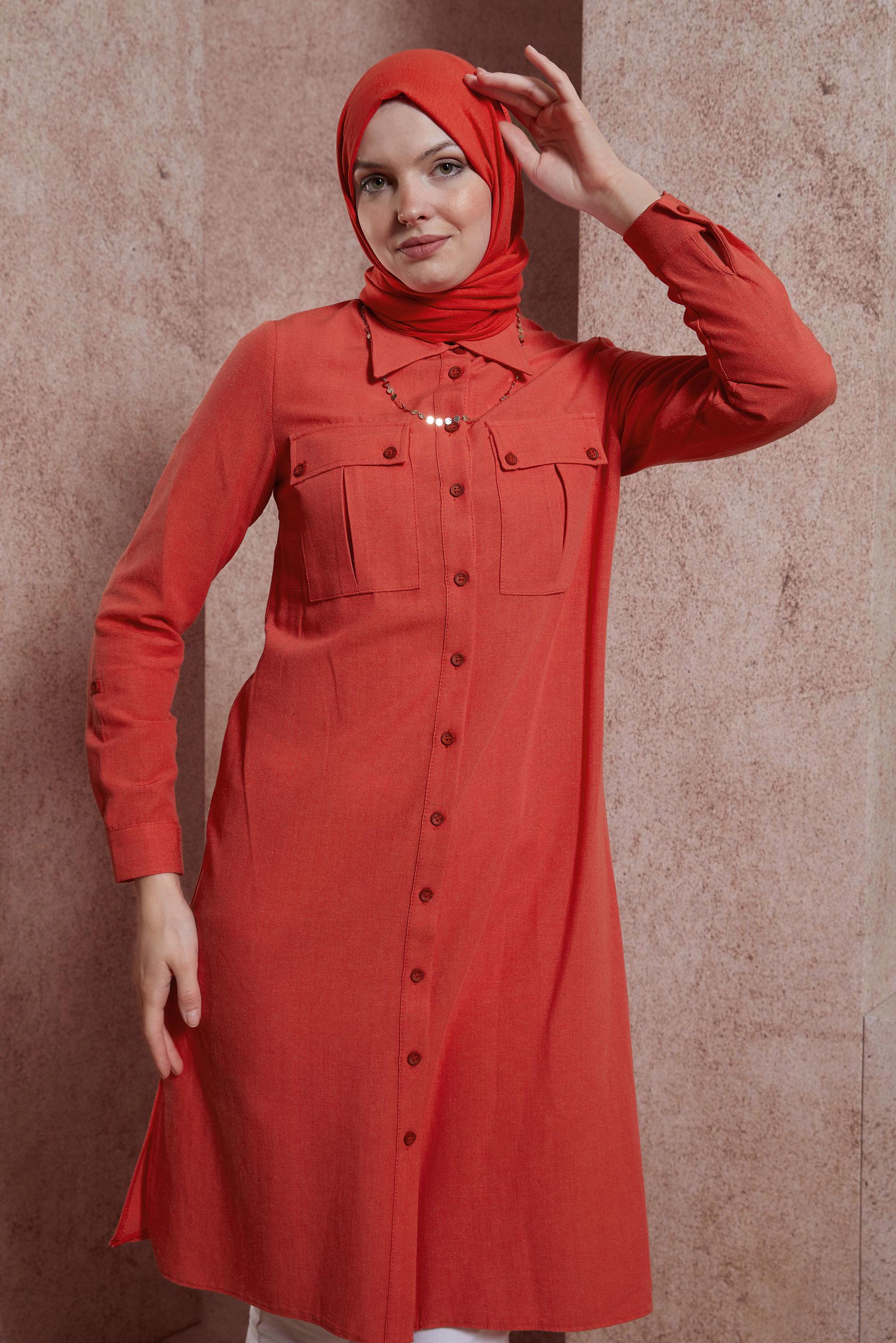Tesettür giyim KIRMIZI KETEN DOKULU TUNİK 44491