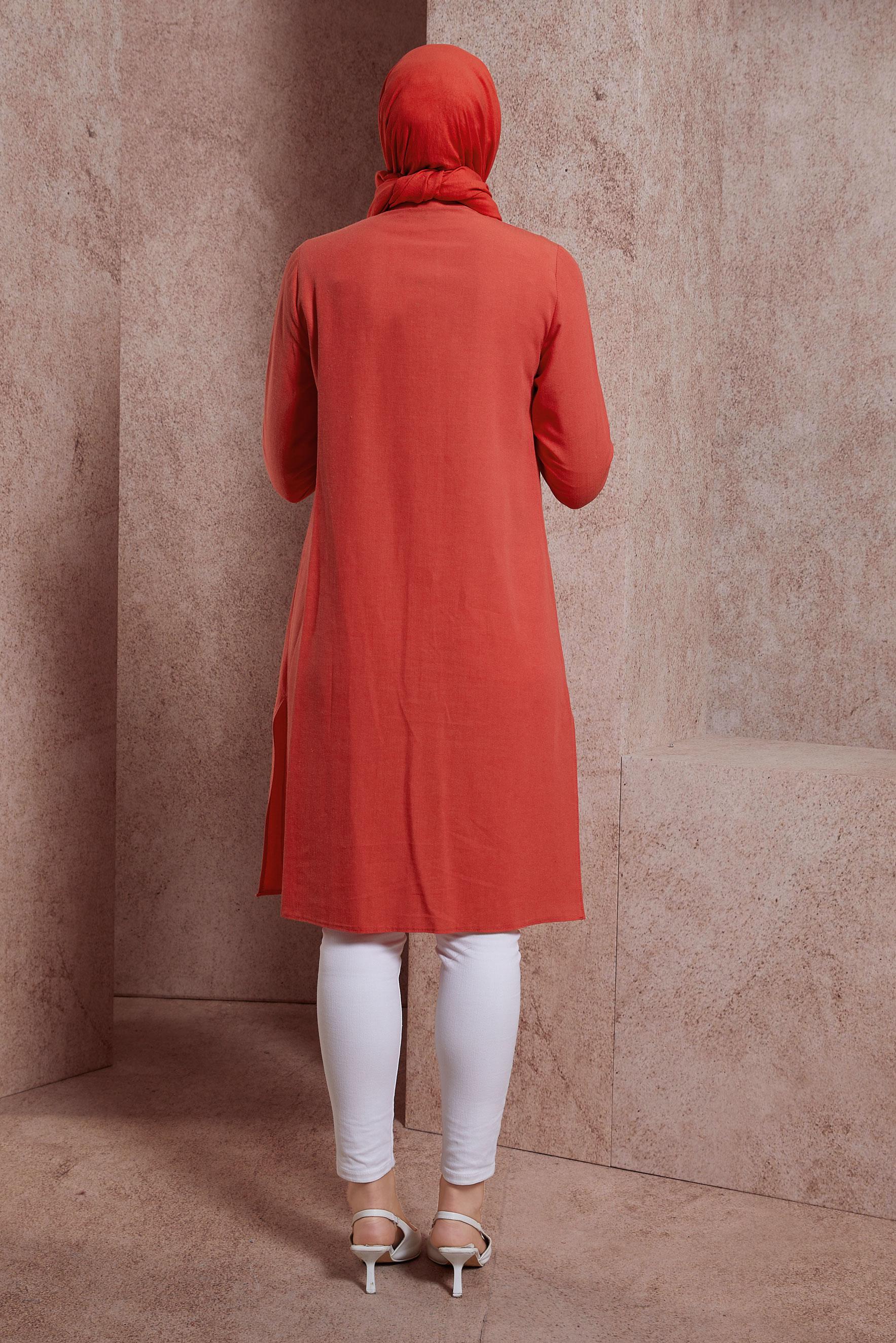 Tesettür giyim KIRMIZI KETEN DOKULU TUNİK 44491
