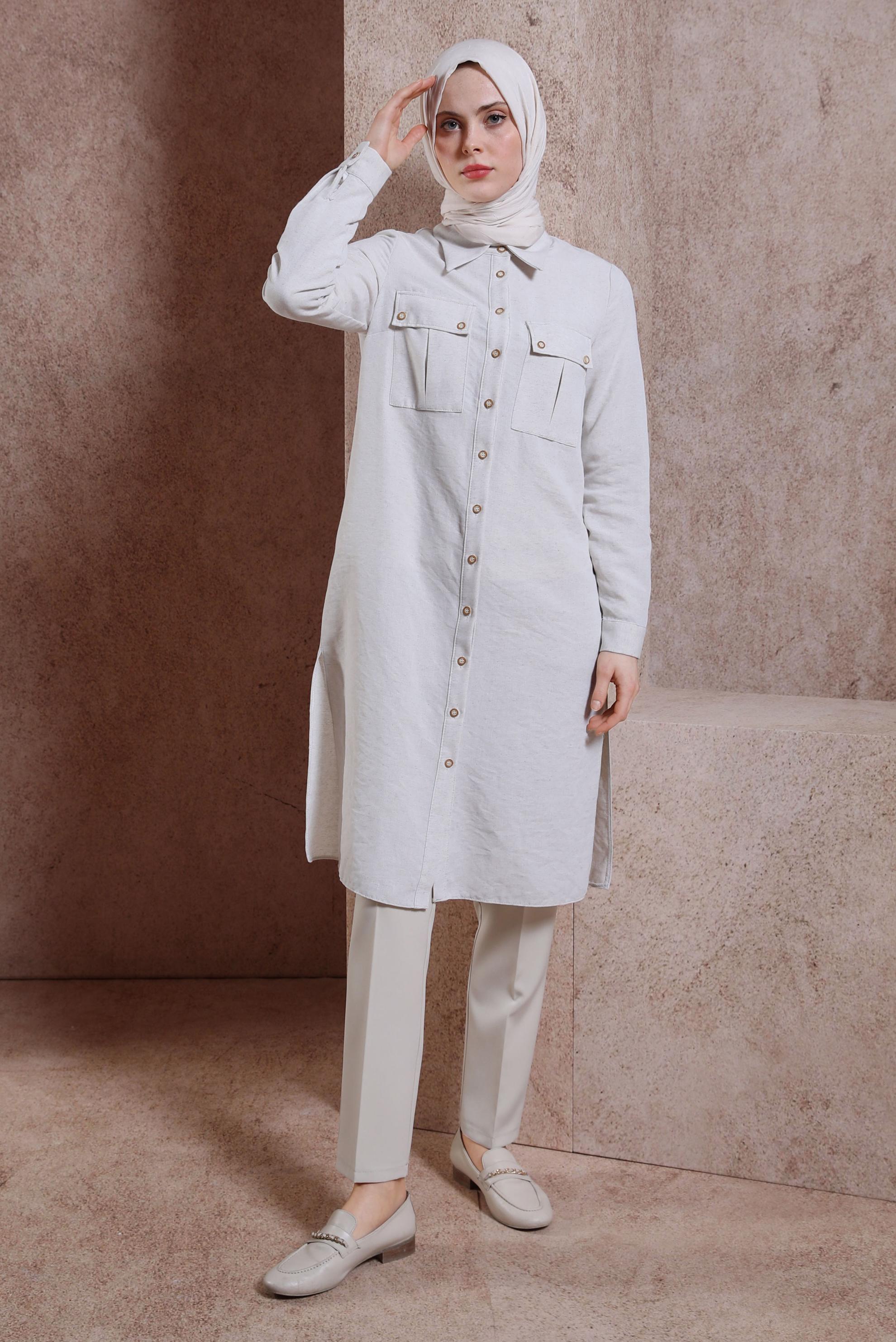 Tesettür giyim EKRU KETEN DOKULU TUNİK 44491