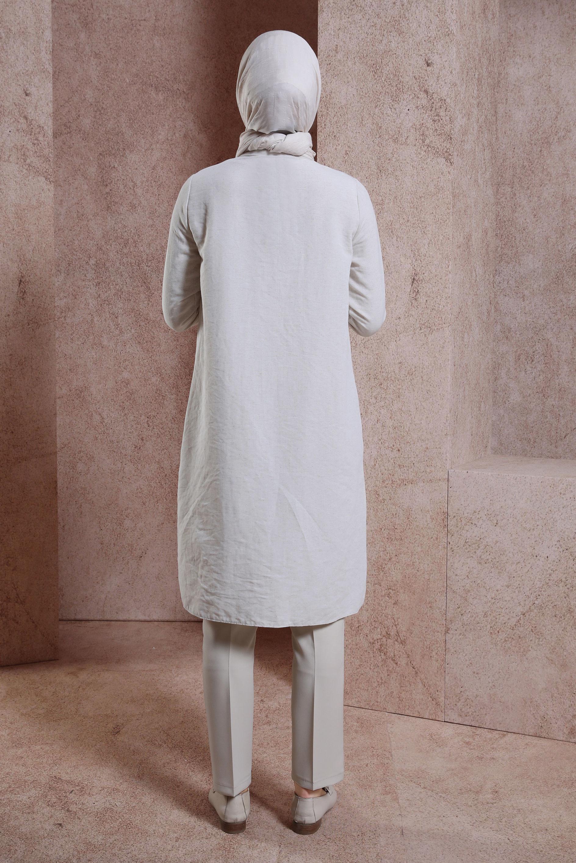 Tesettür giyim EKRU KETEN DOKULU TUNİK 44491