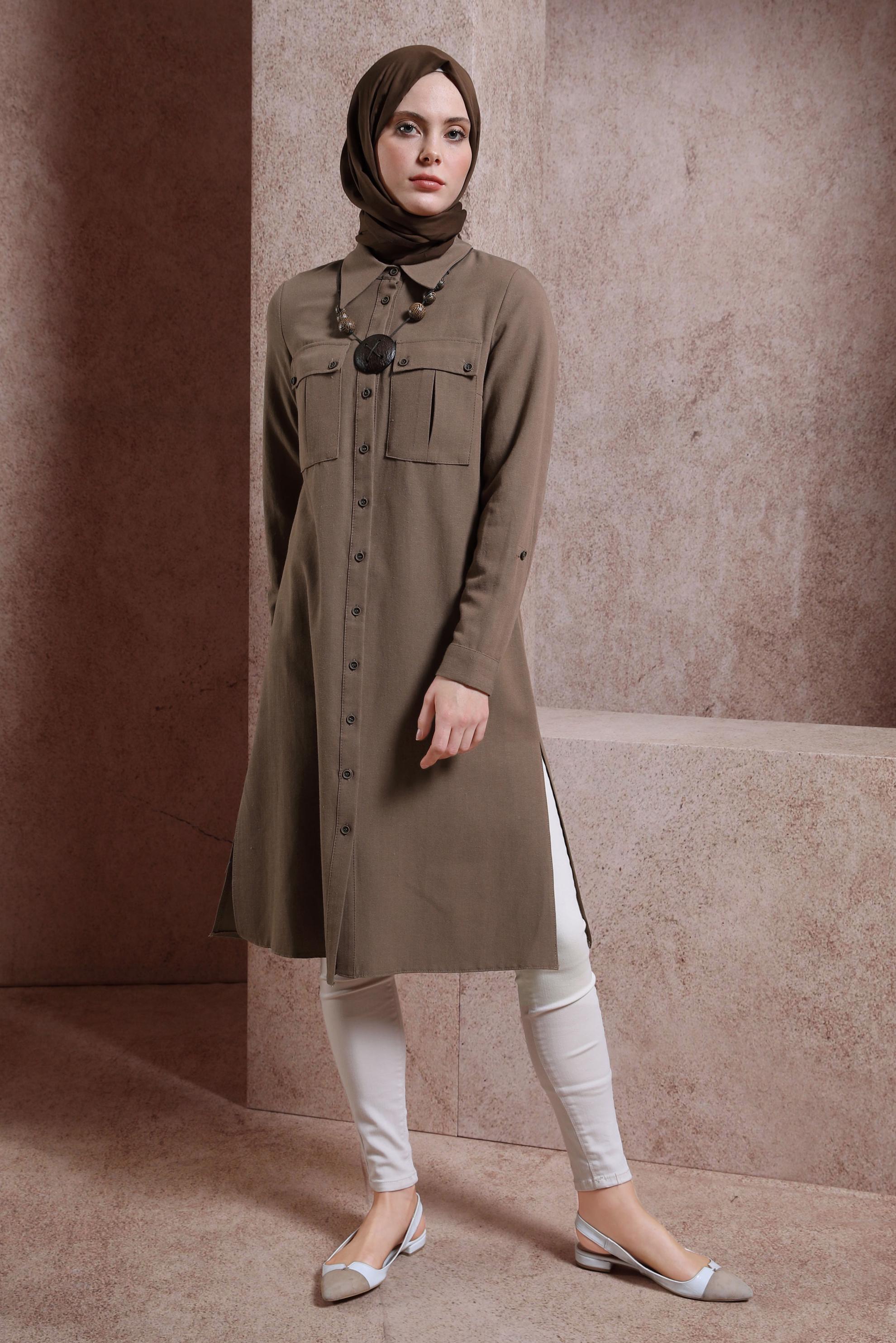 Tesettür giyim KAHVE KETEN DOKULU TUNİK 44491