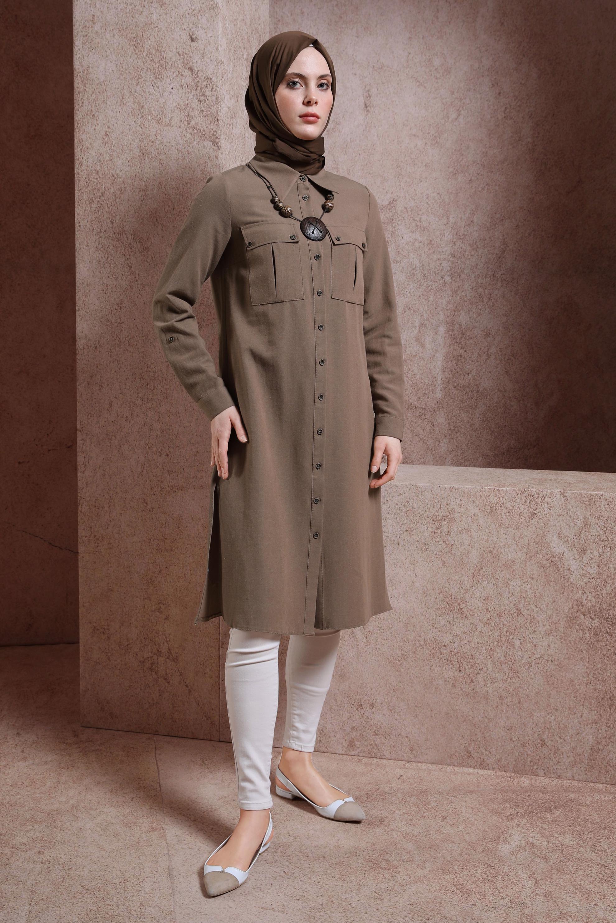 Tesettür giyim KAHVE KETEN DOKULU TUNİK 44491