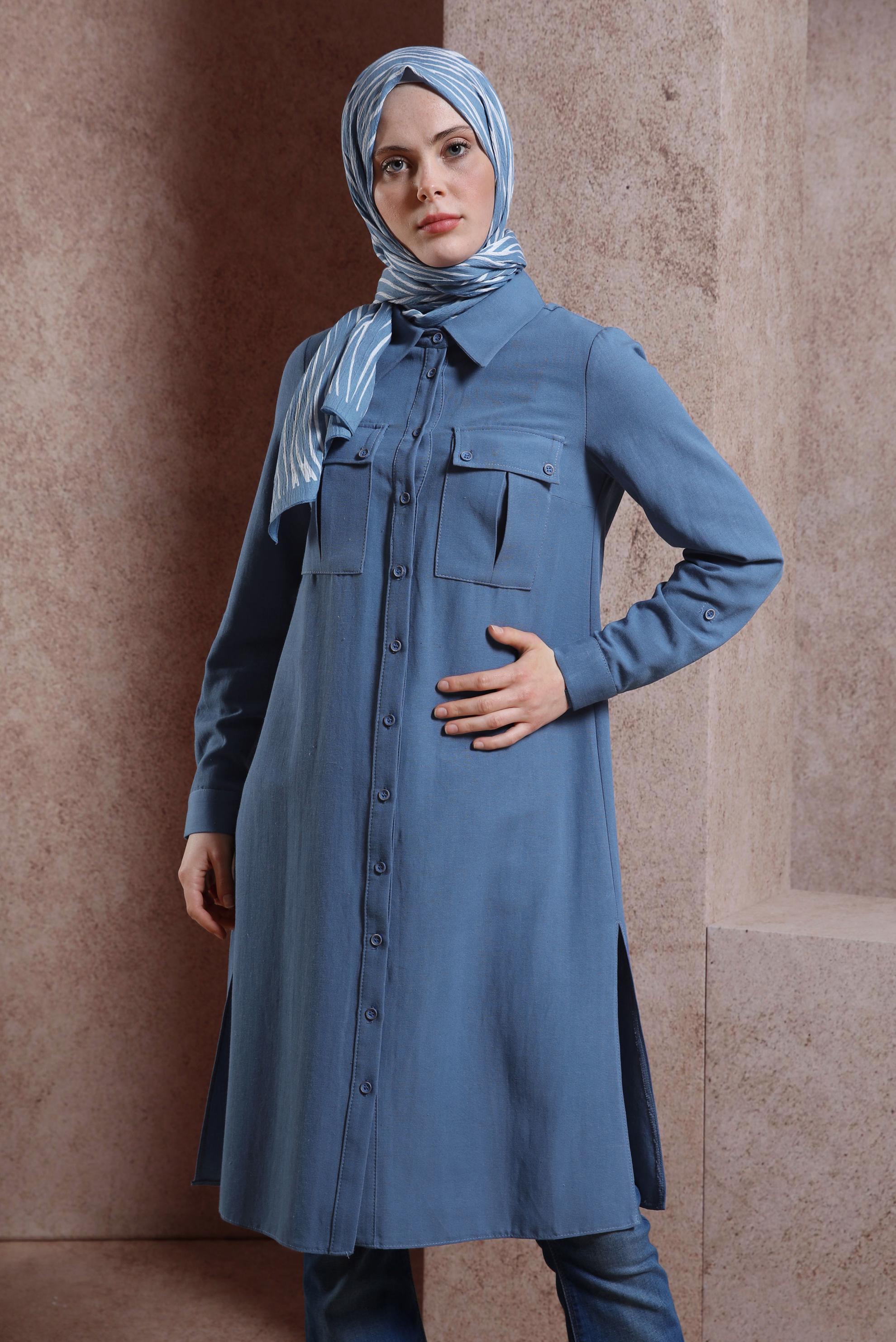 Tesettür giyim LACİVERT KETEN DOKULU TUNİK 44491