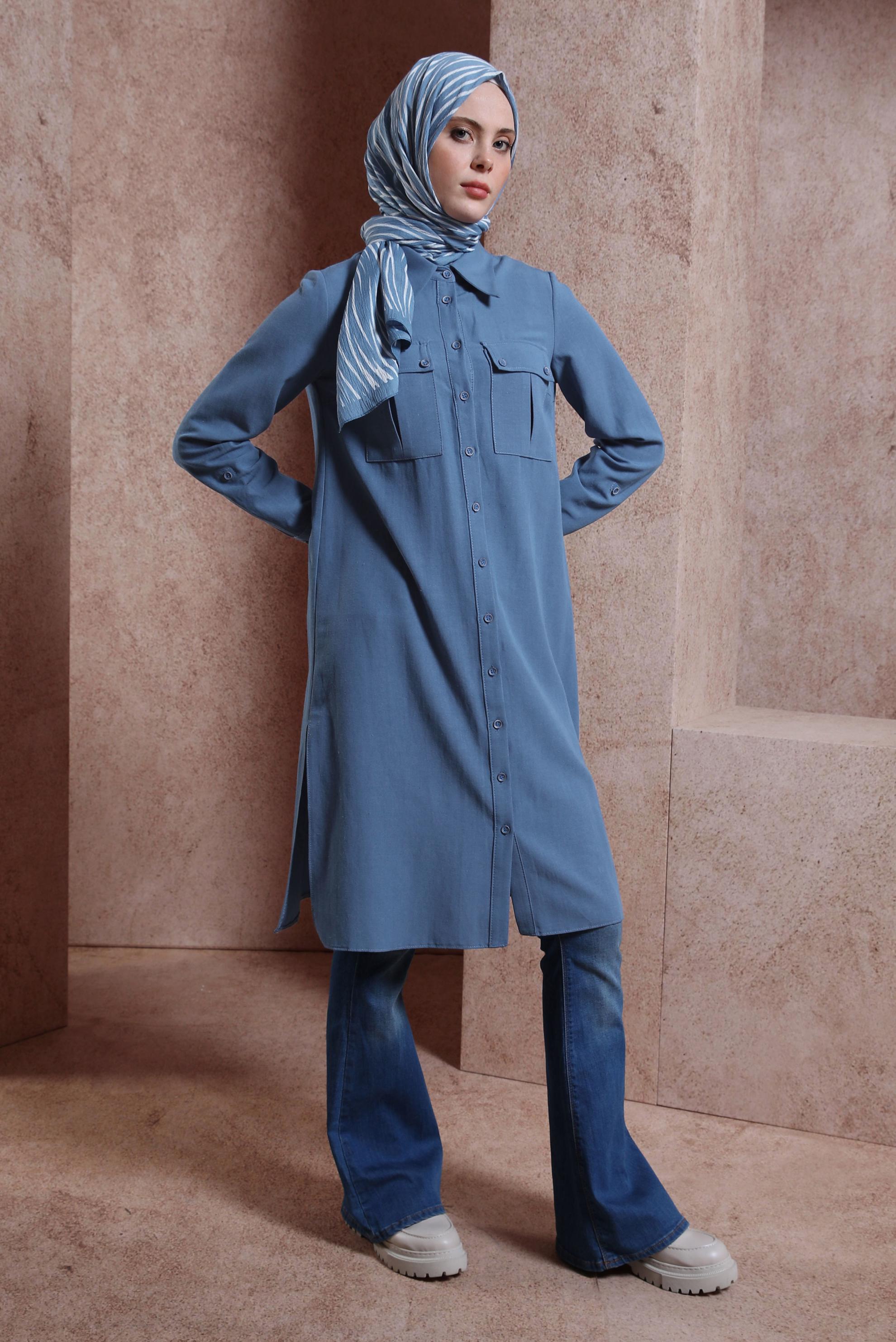 Tesettür giyim LACİVERT KETEN DOKULU TUNİK 44491