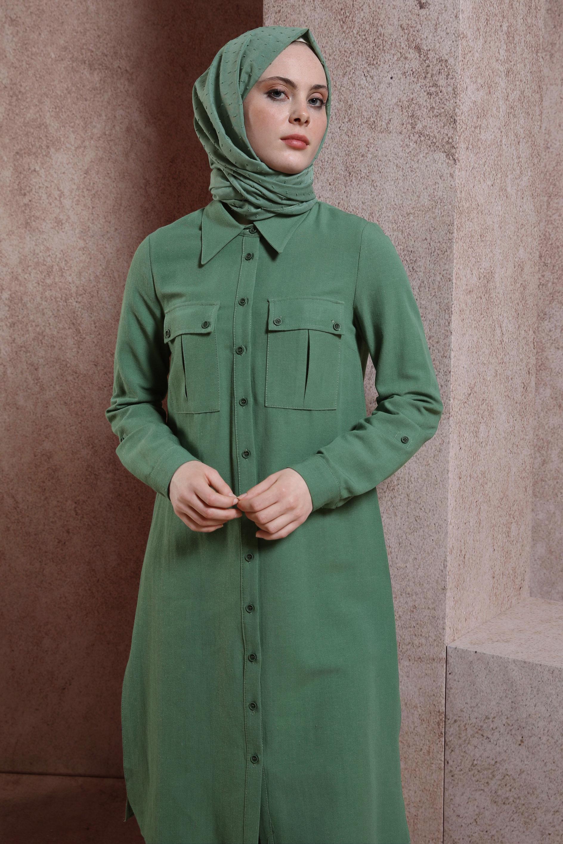 Tesettür giyim YEŞİL KETEN DOKULU TUNİK 44491