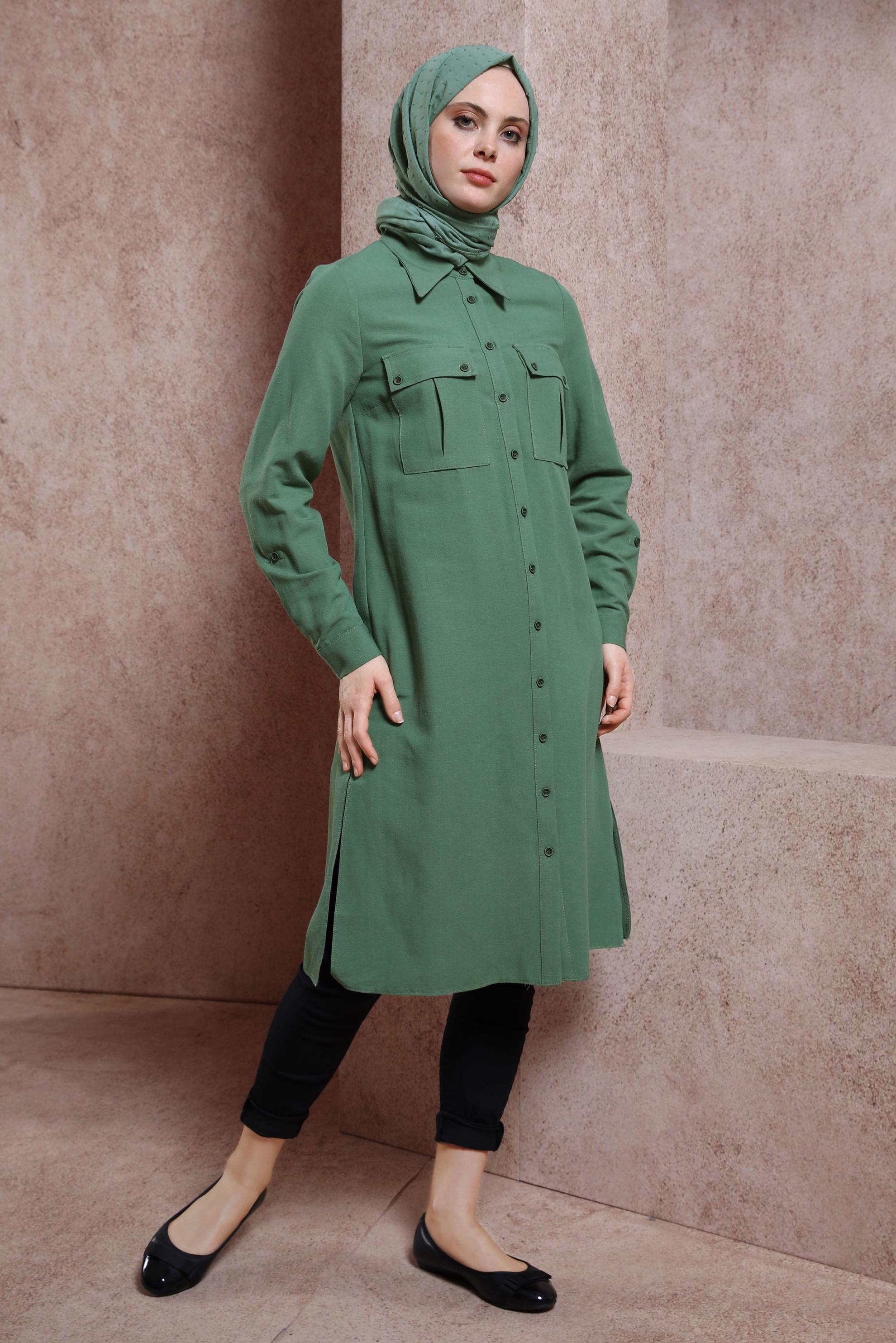 Tesettür giyim YEŞİL KETEN DOKULU TUNİK 44491