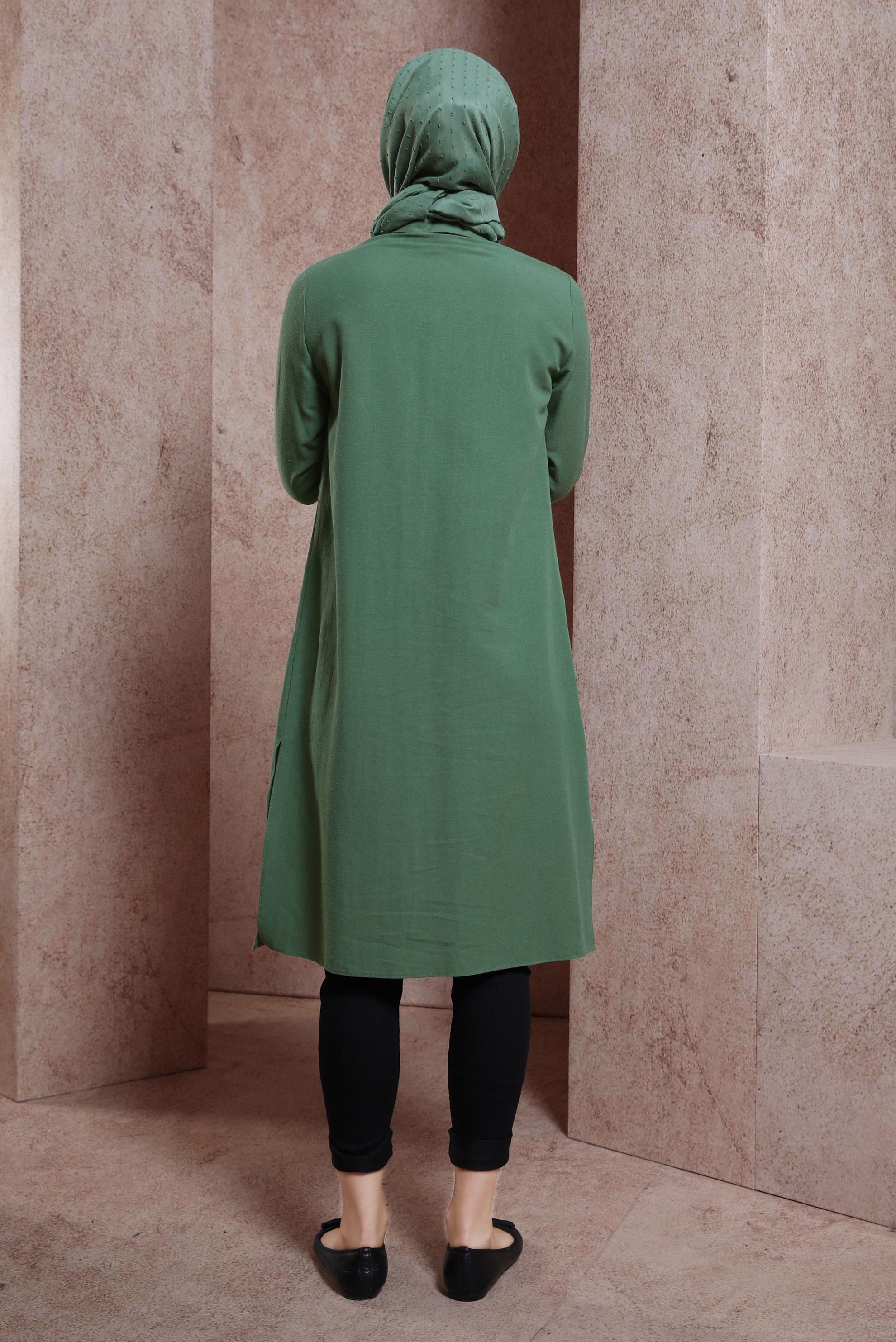 Tesettür giyim YEŞİL KETEN DOKULU TUNİK 44491