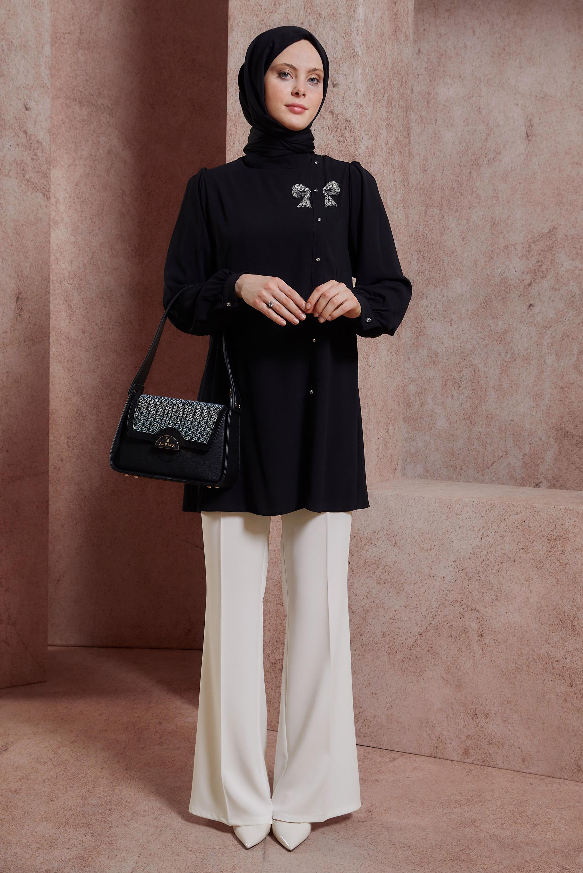 Tesettür giyim SİYAH TAŞ DETAYLI TUNİK 44492