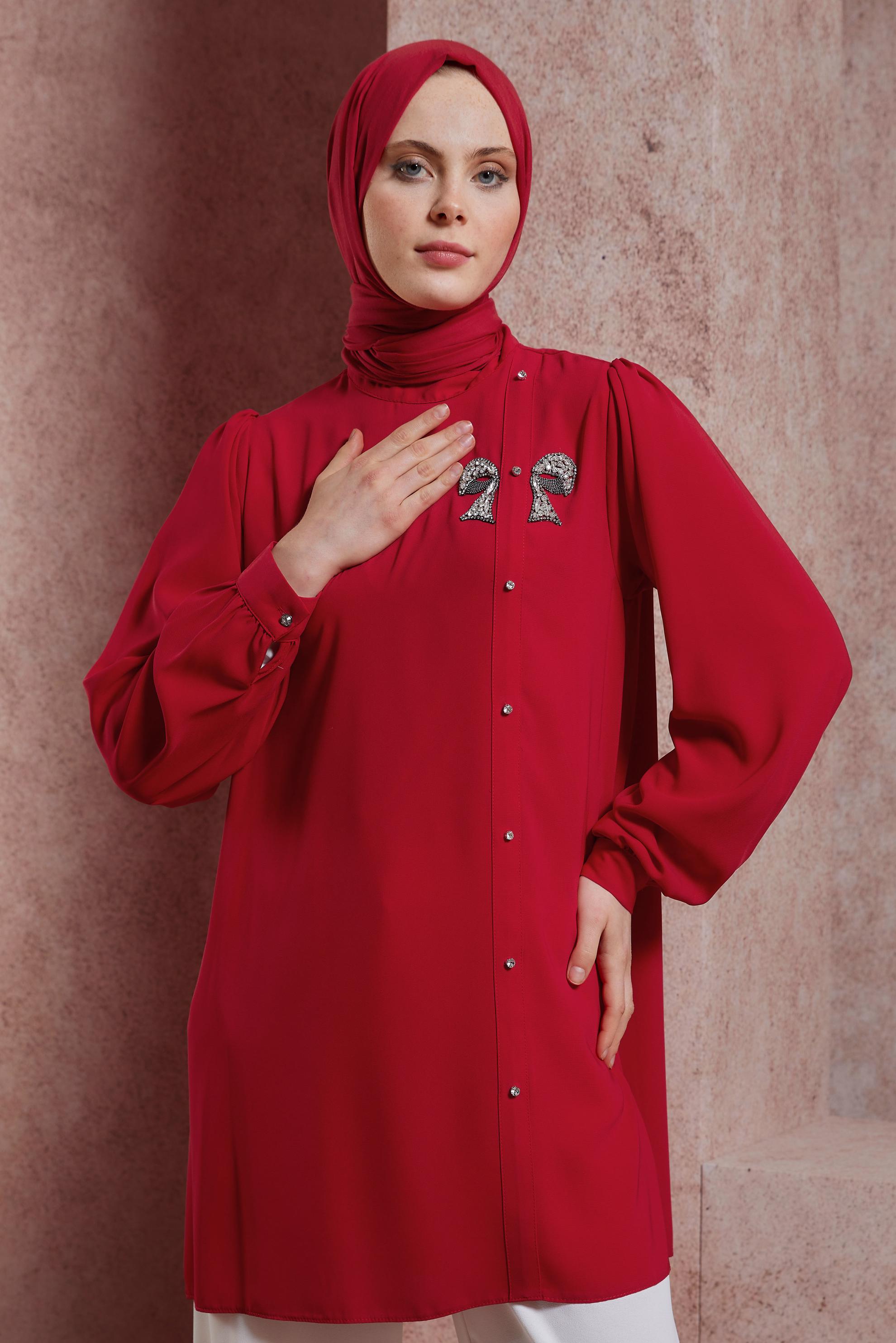 Tesettür giyim KIRMIZI TAŞ DETAYLI TUNİK 44492