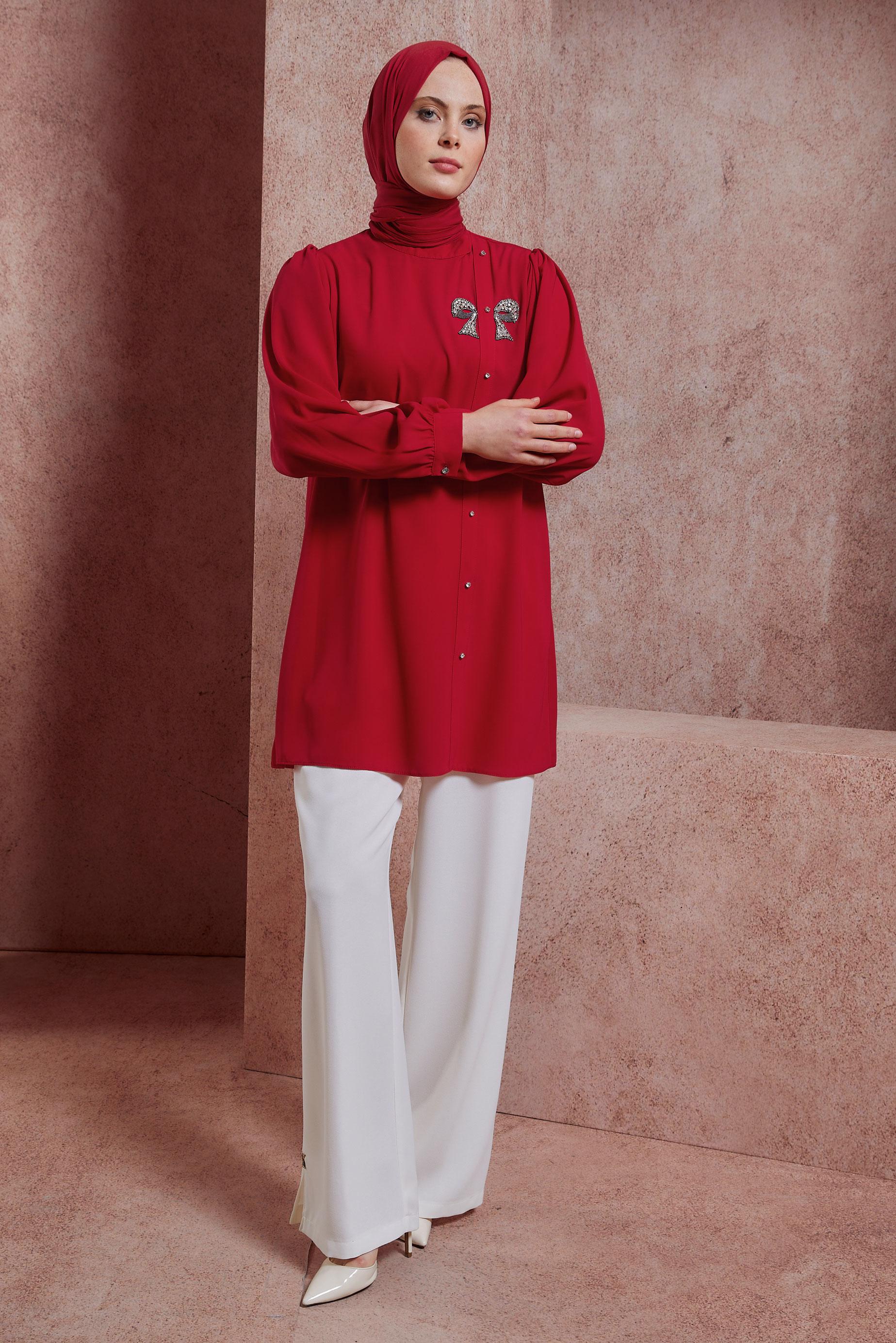 Tesettür giyim KIRMIZI TAŞ DETAYLI TUNİK 44492