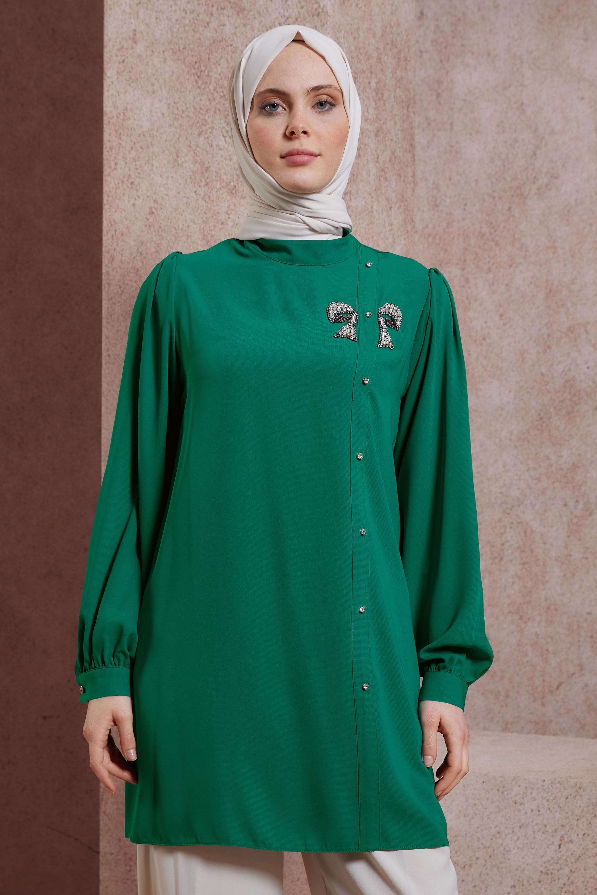 Tesettür giyim YEŞİL TAŞ DETAYLI TUNİK 44492