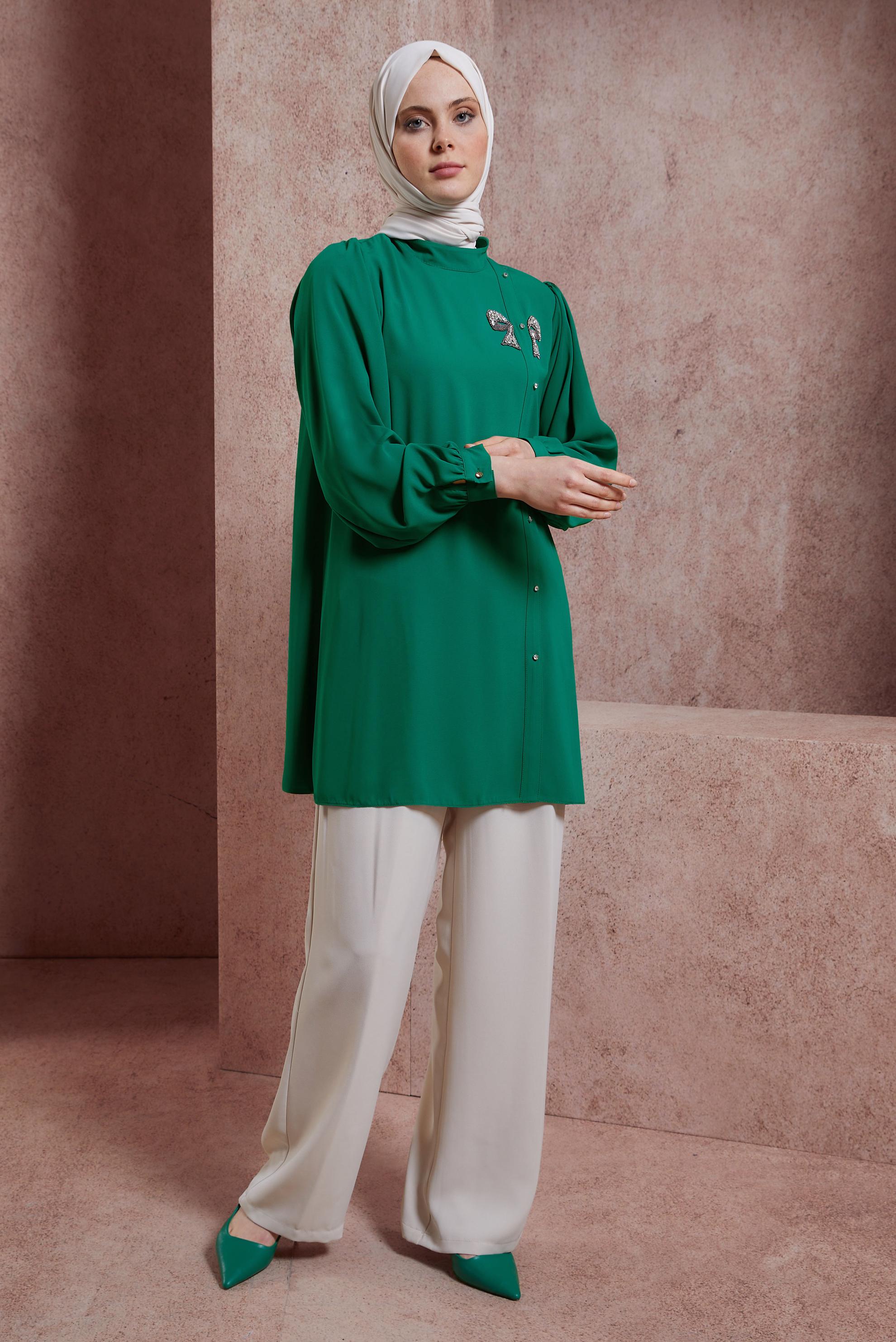 Tesettür giyim YEŞİL TAŞ DETAYLI TUNİK 44492