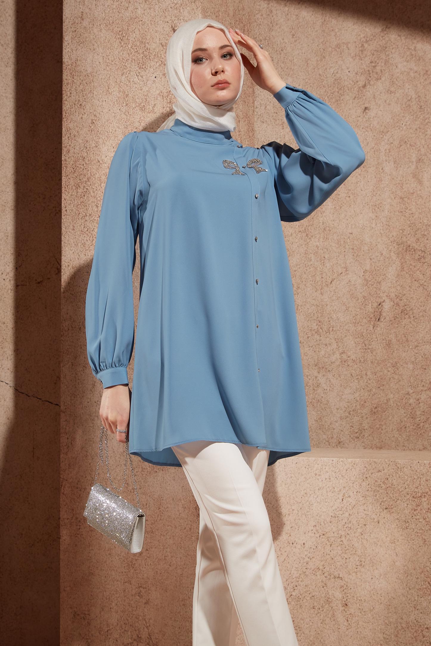 Tesettür giyim MAVİ TAŞ DETAYLI TUNİK 44492