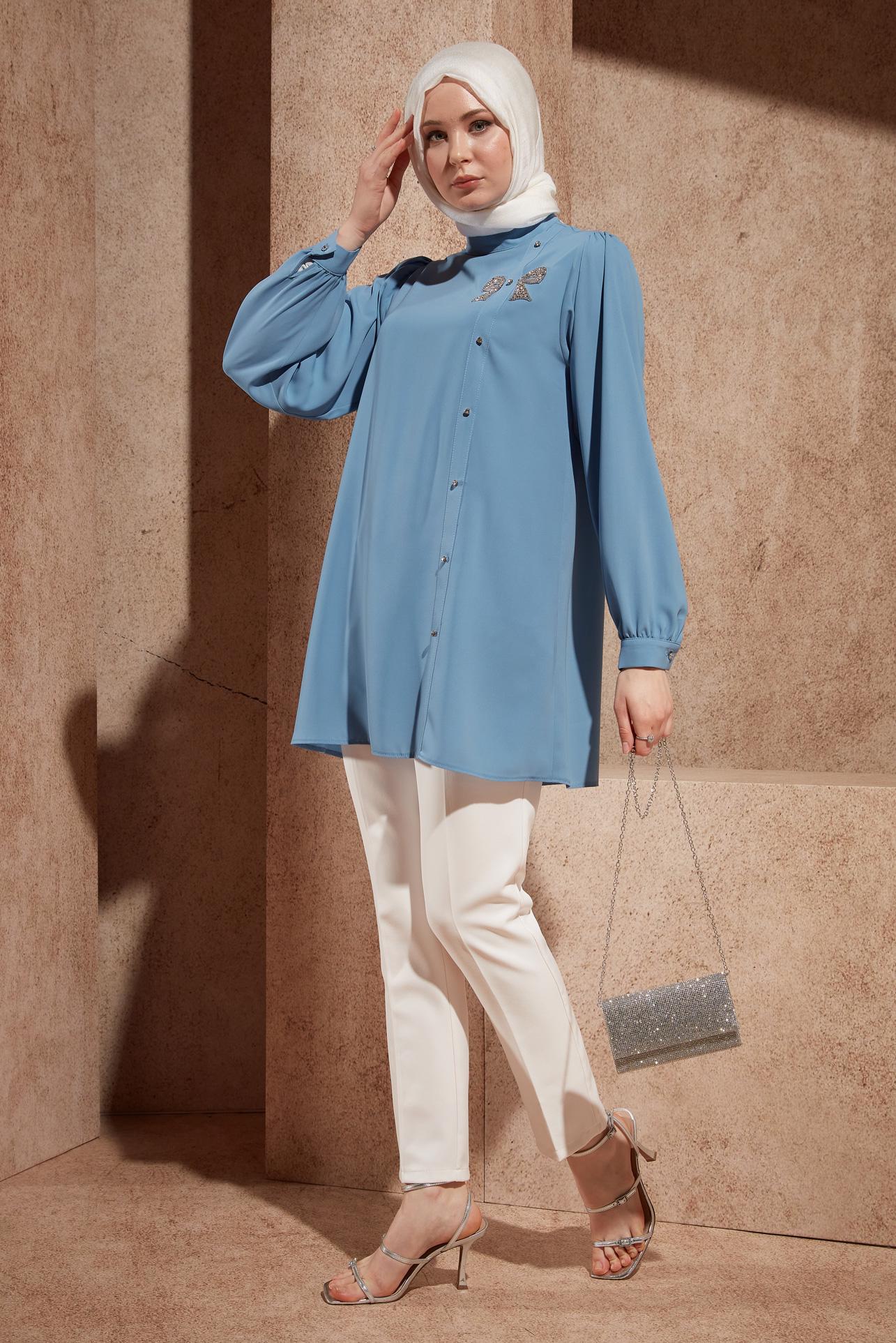 Tesettür giyim MAVİ TAŞ DETAYLI TUNİK 44492