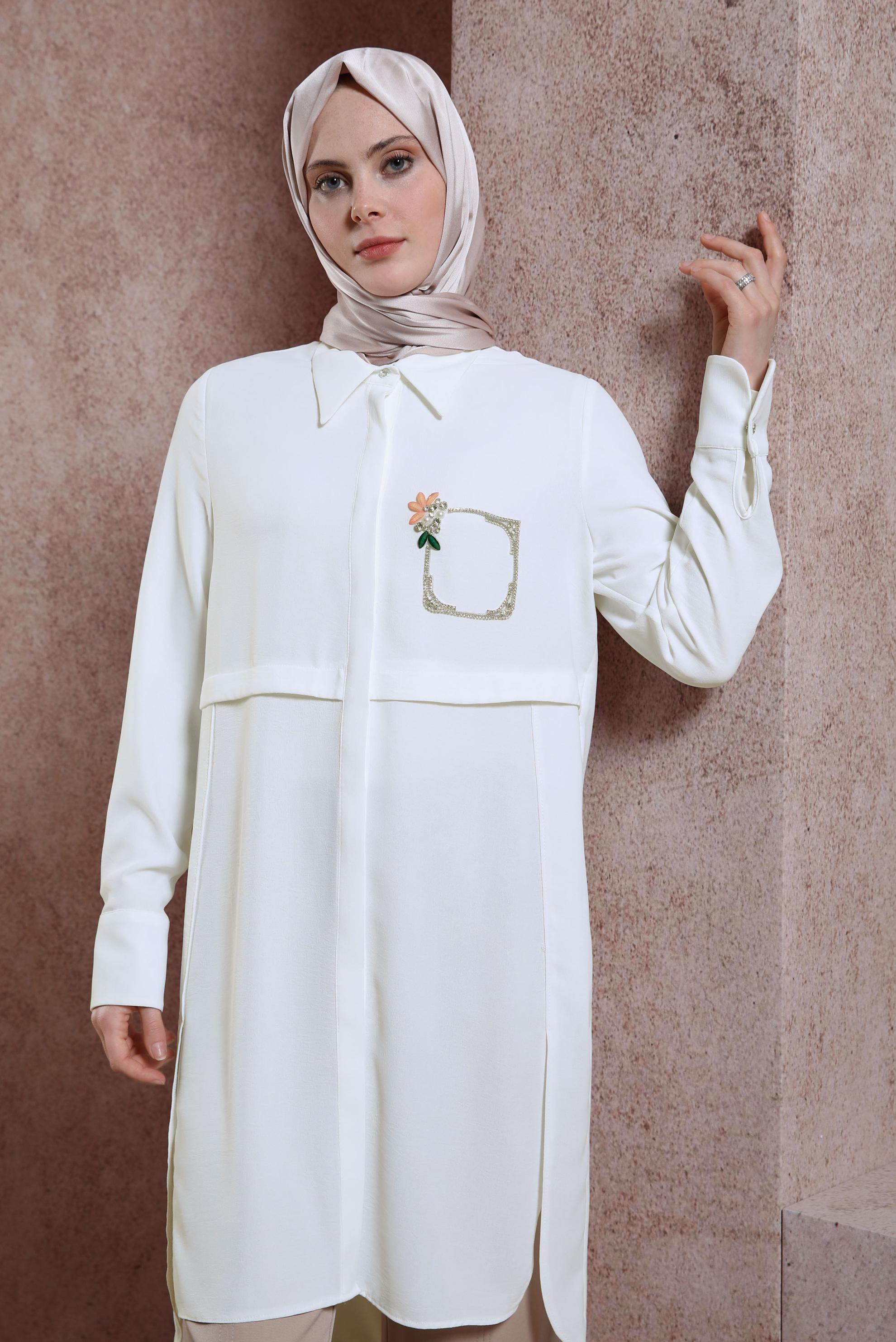 Tesettür giyim BEYAZ TAŞ DETAYLI TUNİK 44493