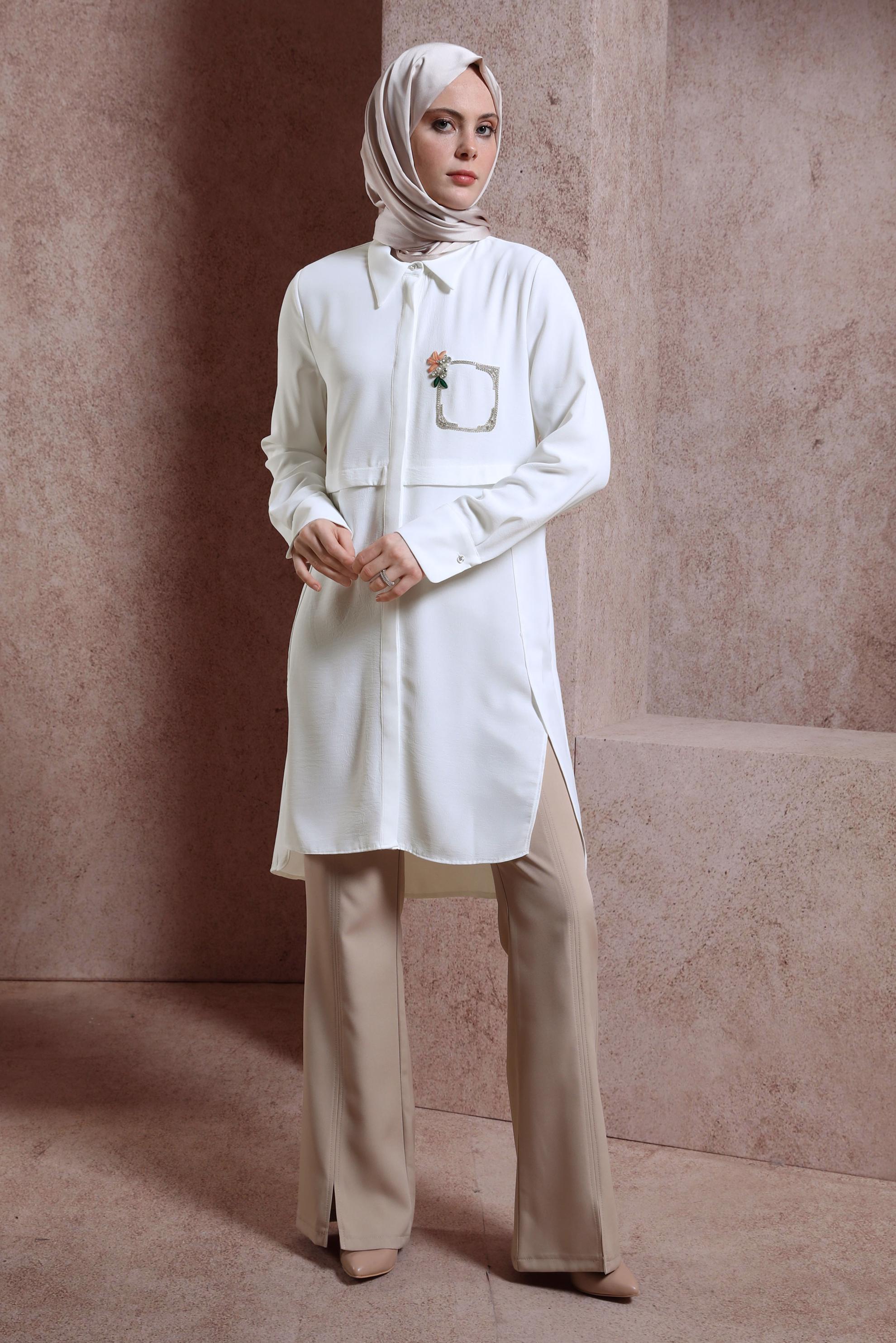 Tesettür giyim BEYAZ TAŞ DETAYLI TUNİK 44493