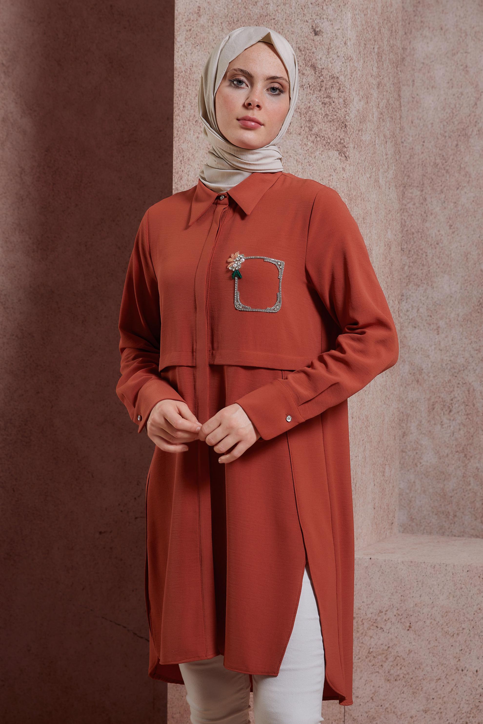 Tesettür giyim TURUNCU TAŞ DETAYLI TUNİK 44493