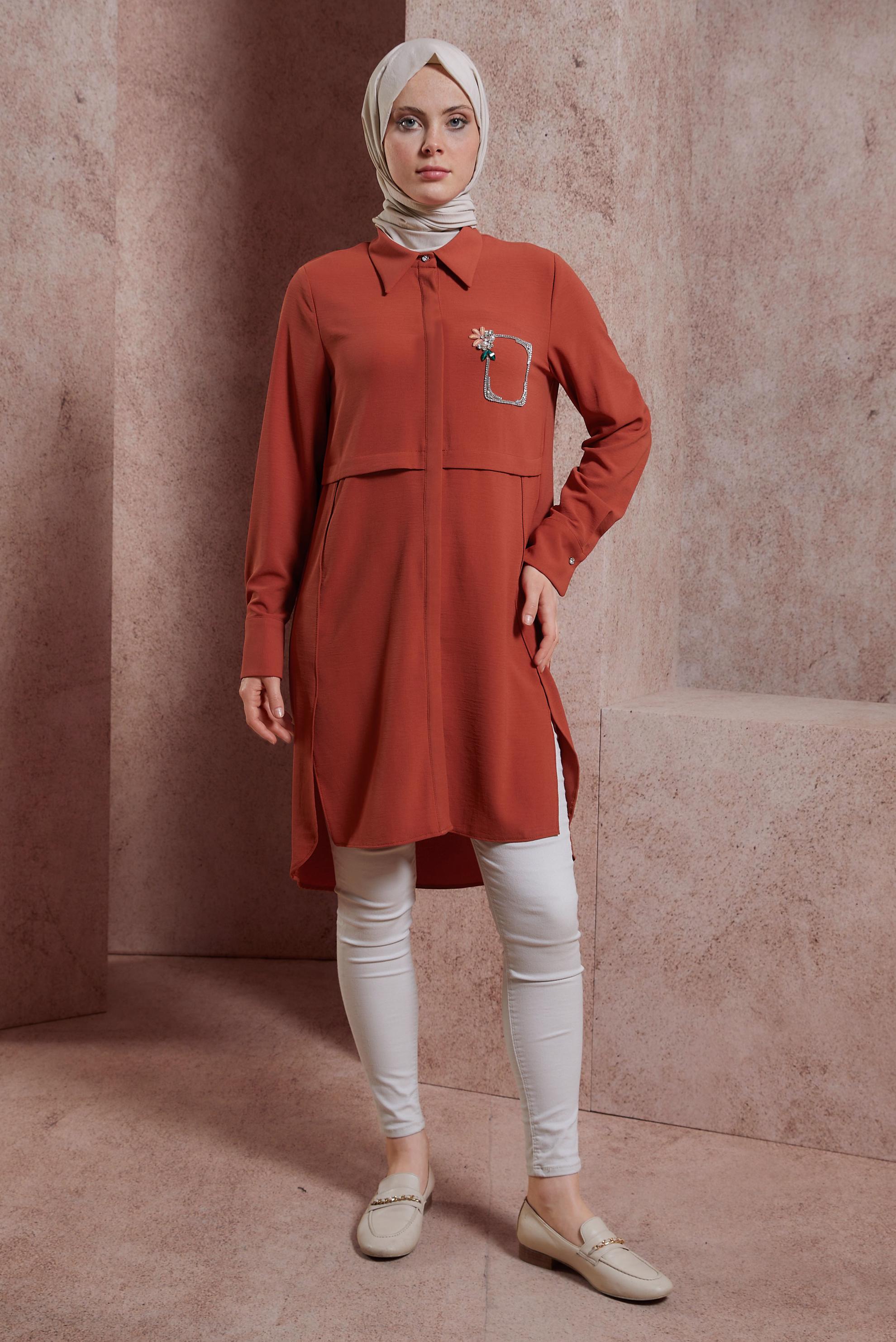 Tesettür giyim TURUNCU TAŞ DETAYLI TUNİK 44493