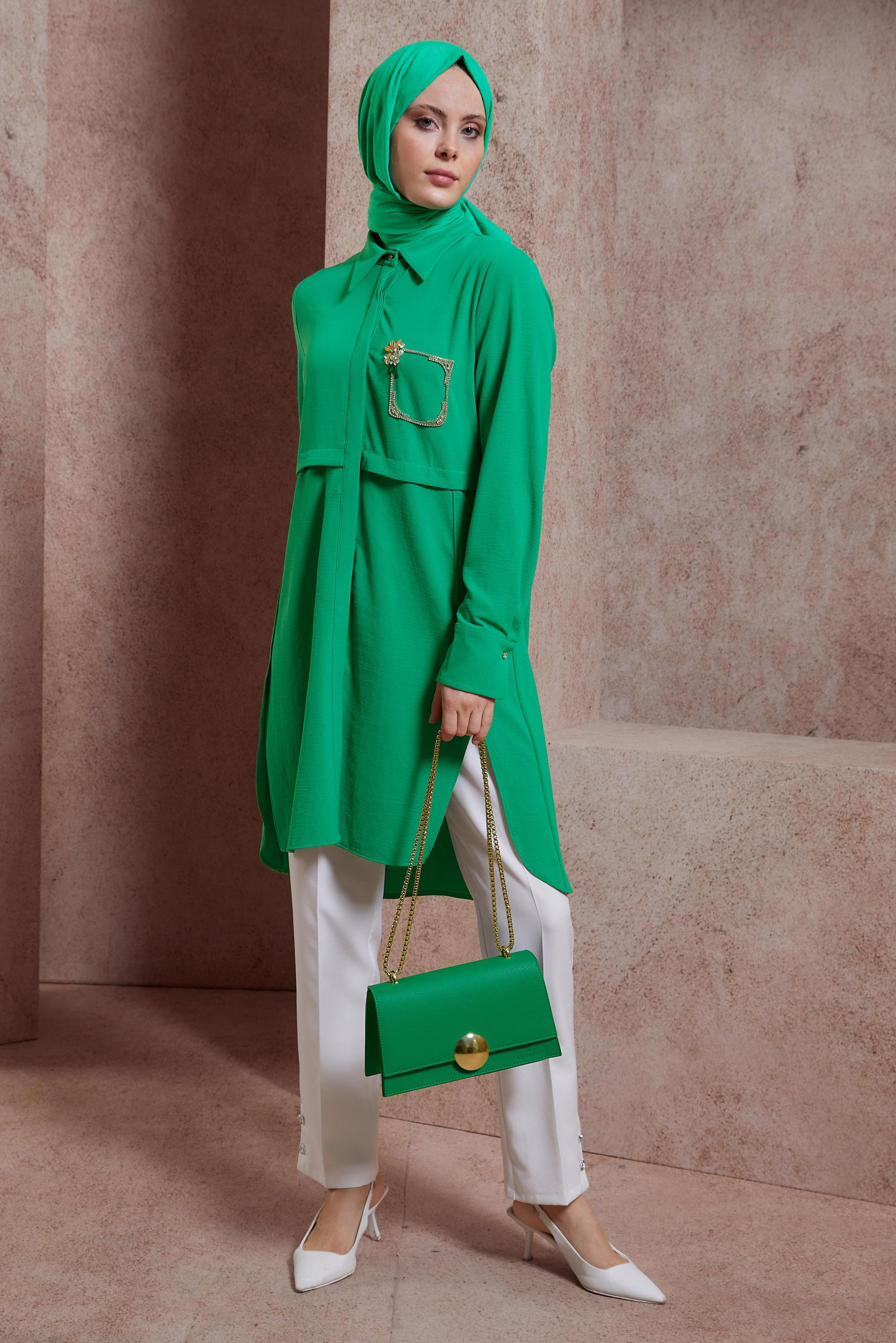 Tesettür giyim YEŞİL TAŞ DETAYLI TUNİK 44493