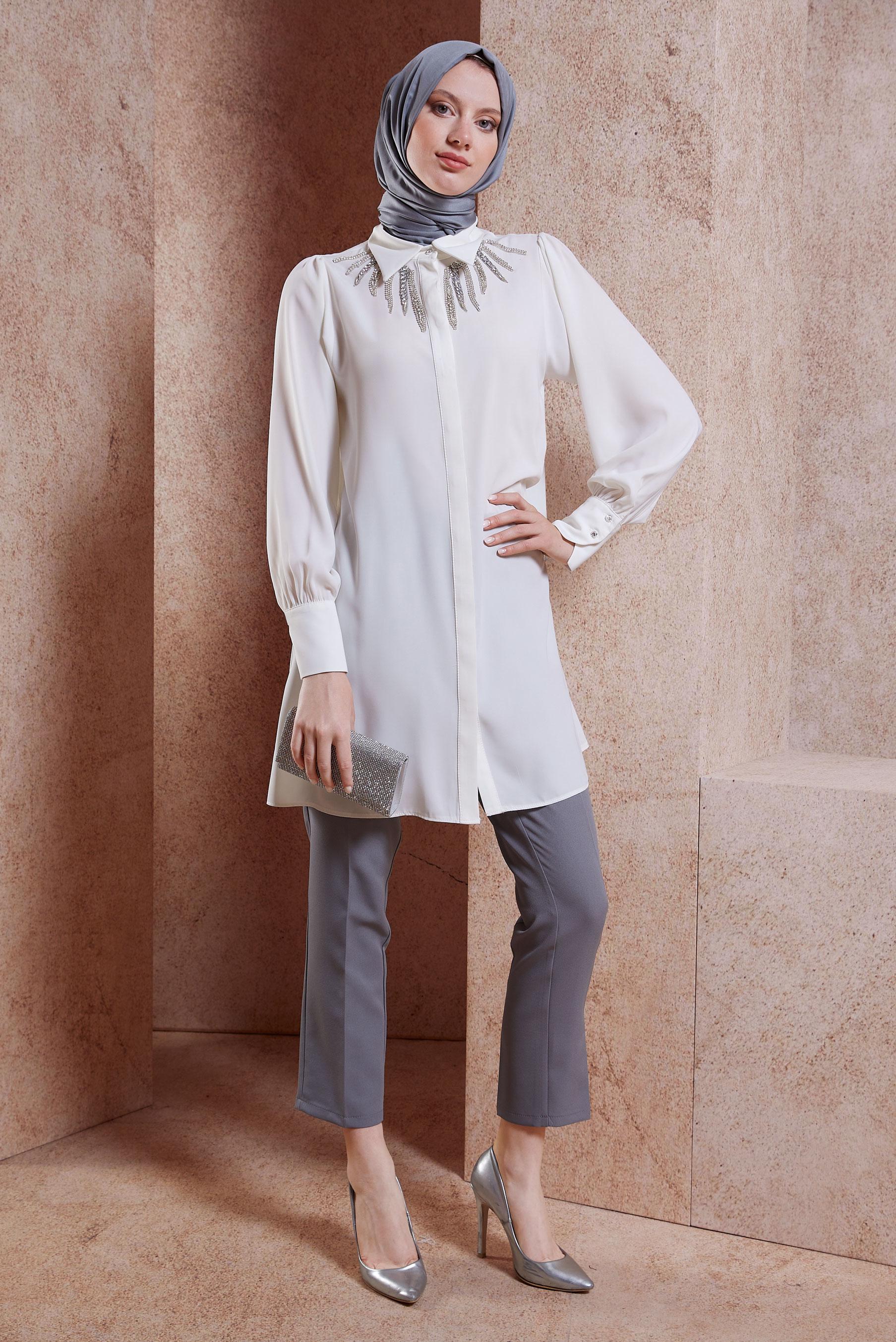 Tesettür giyim BEYAZ TAŞ DETAYLI TESETTÜR TUNİK 44494