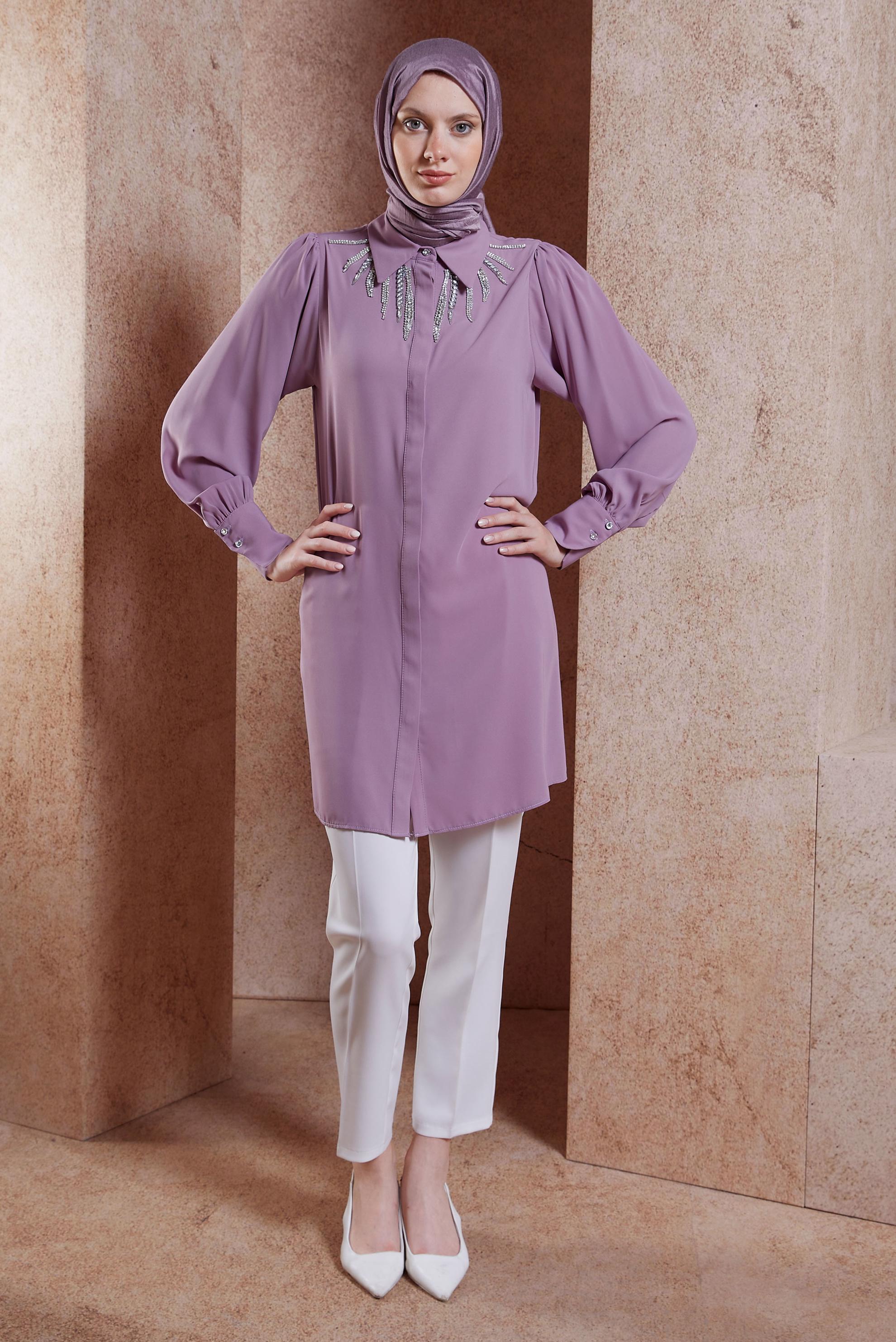 Tesettür giyim MOR TAŞ DETAYLI TESETTÜR TUNİK 44494