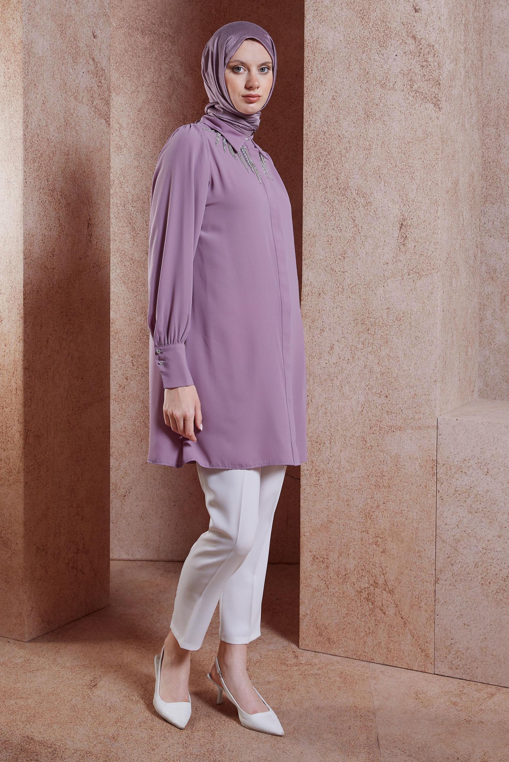 Tesettür giyim MOR TAŞ DETAYLI TESETTÜR TUNİK 44494