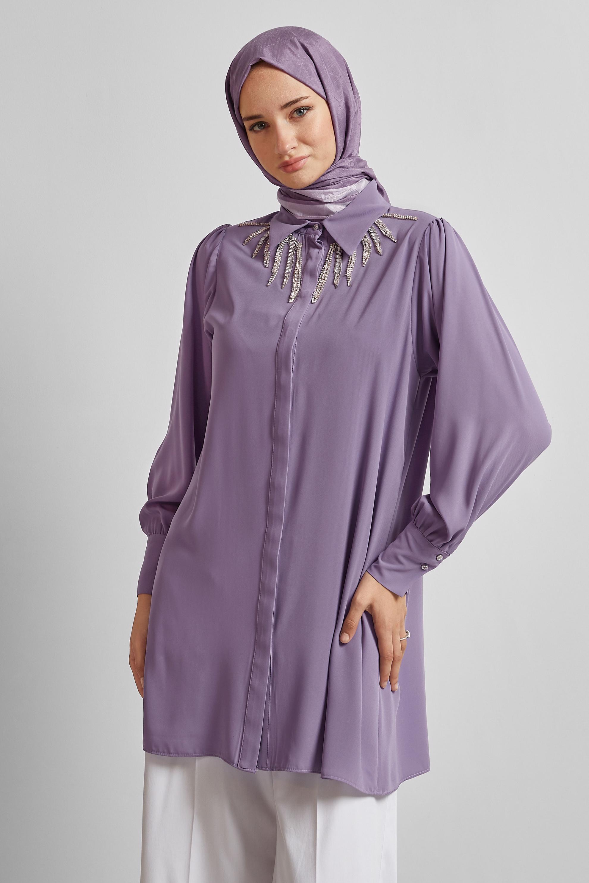 Tesettür giyim MOR TAŞ DETAYLI TESETTÜR TUNİK 44494