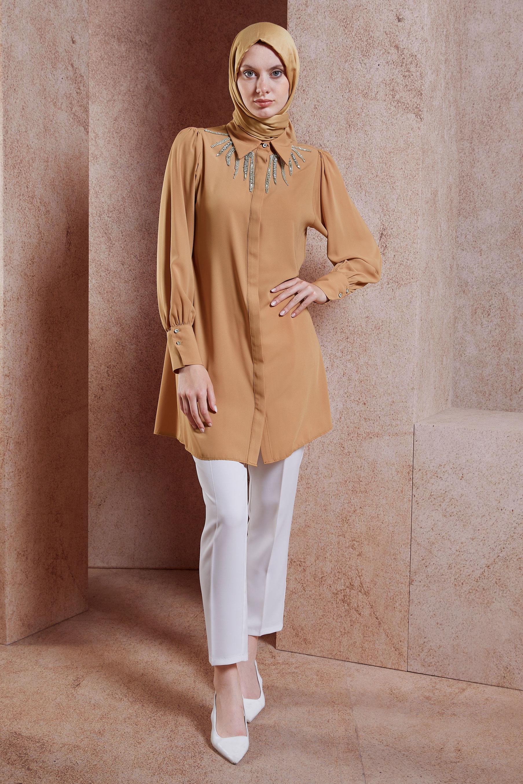 Tesettür giyim KAHVE TAŞ DETAYLI TESETTÜR TUNİK 44494