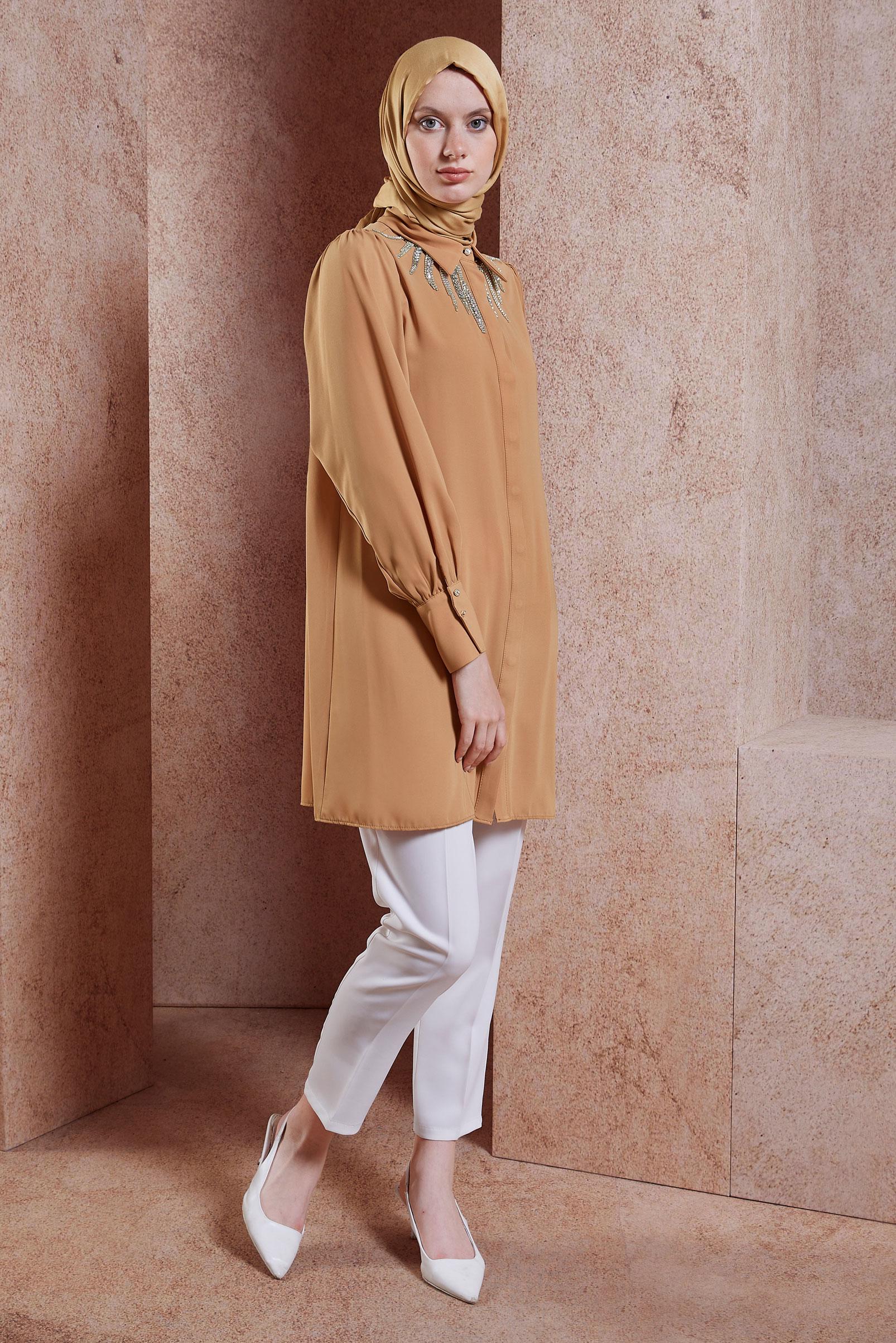 Tesettür giyim KAHVE TAŞ DETAYLI TESETTÜR TUNİK 44494