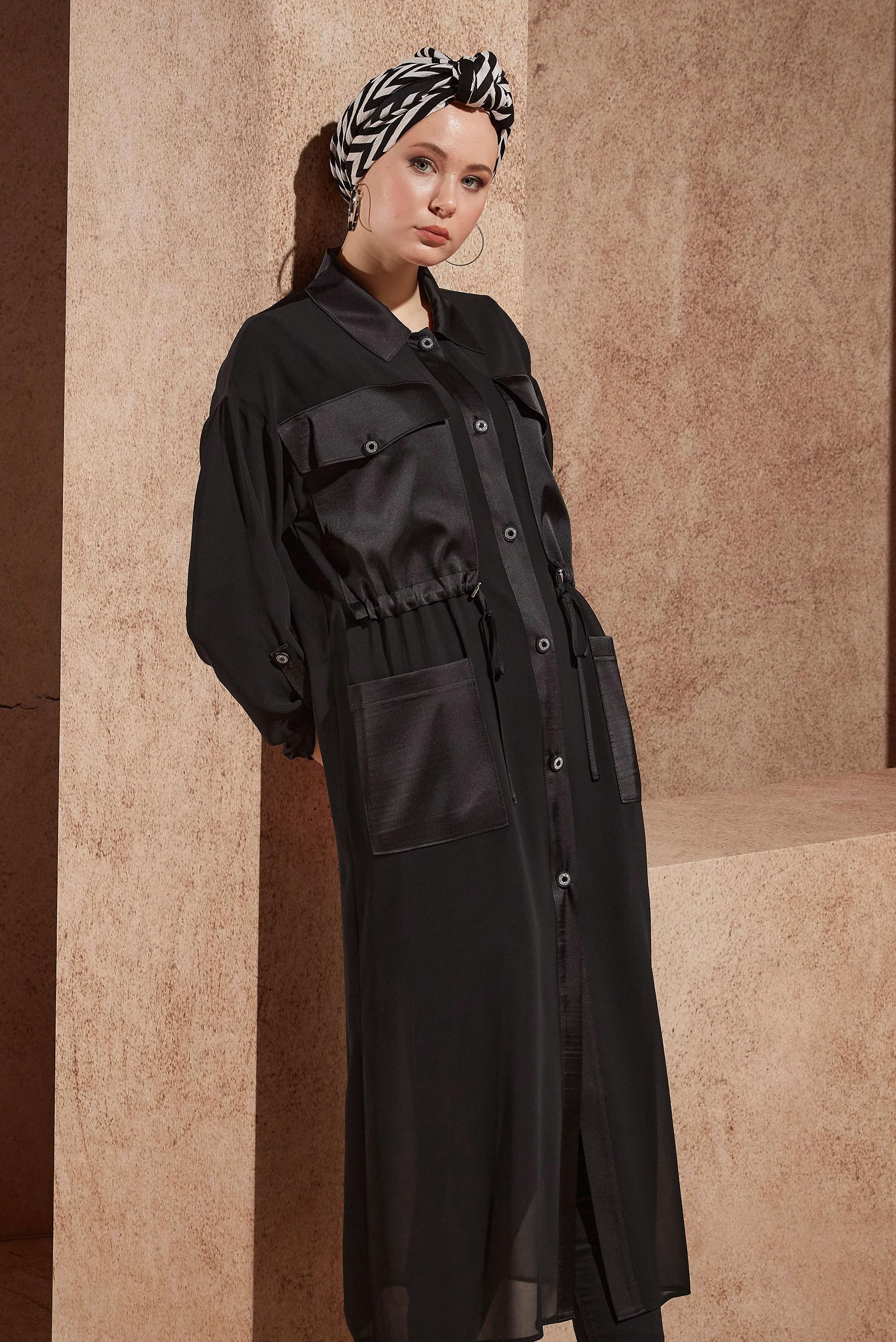 Hijab clothing BLACK SATIN DETAILED CHIFFON TUNIC 44498