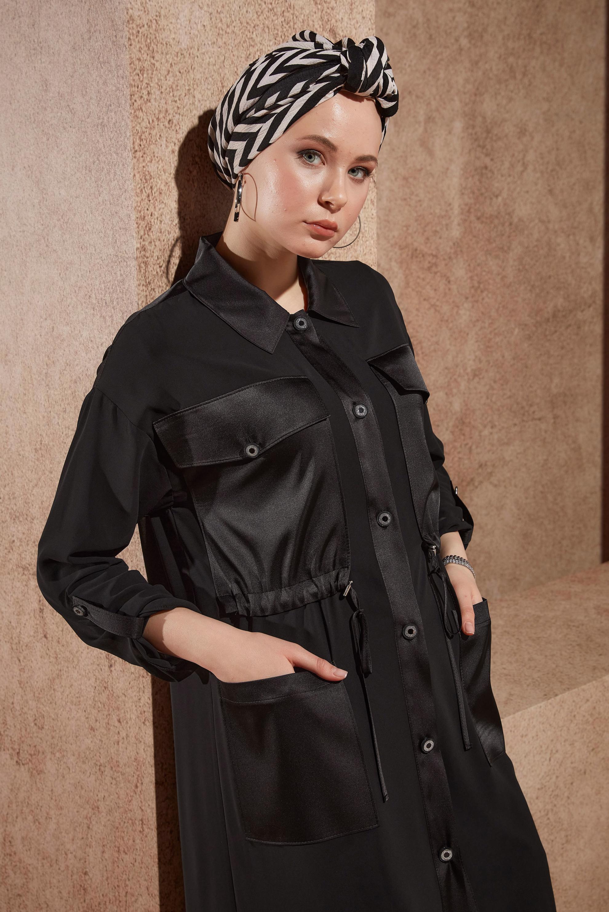 Hijab clothing BLACK SATIN DETAILED CHIFFON TUNIC 44498