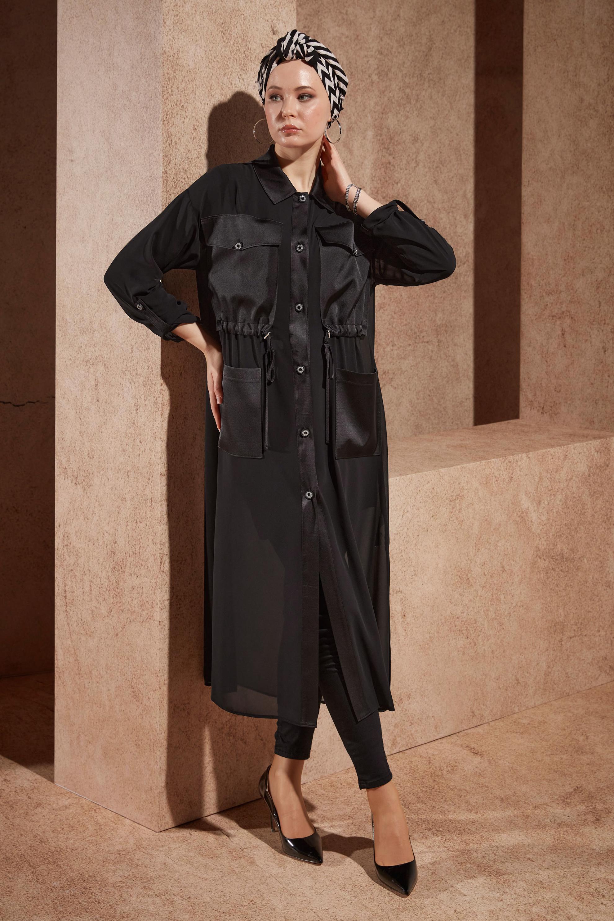 Hijab clothing BLACK SATIN DETAILED CHIFFON TUNIC 44498