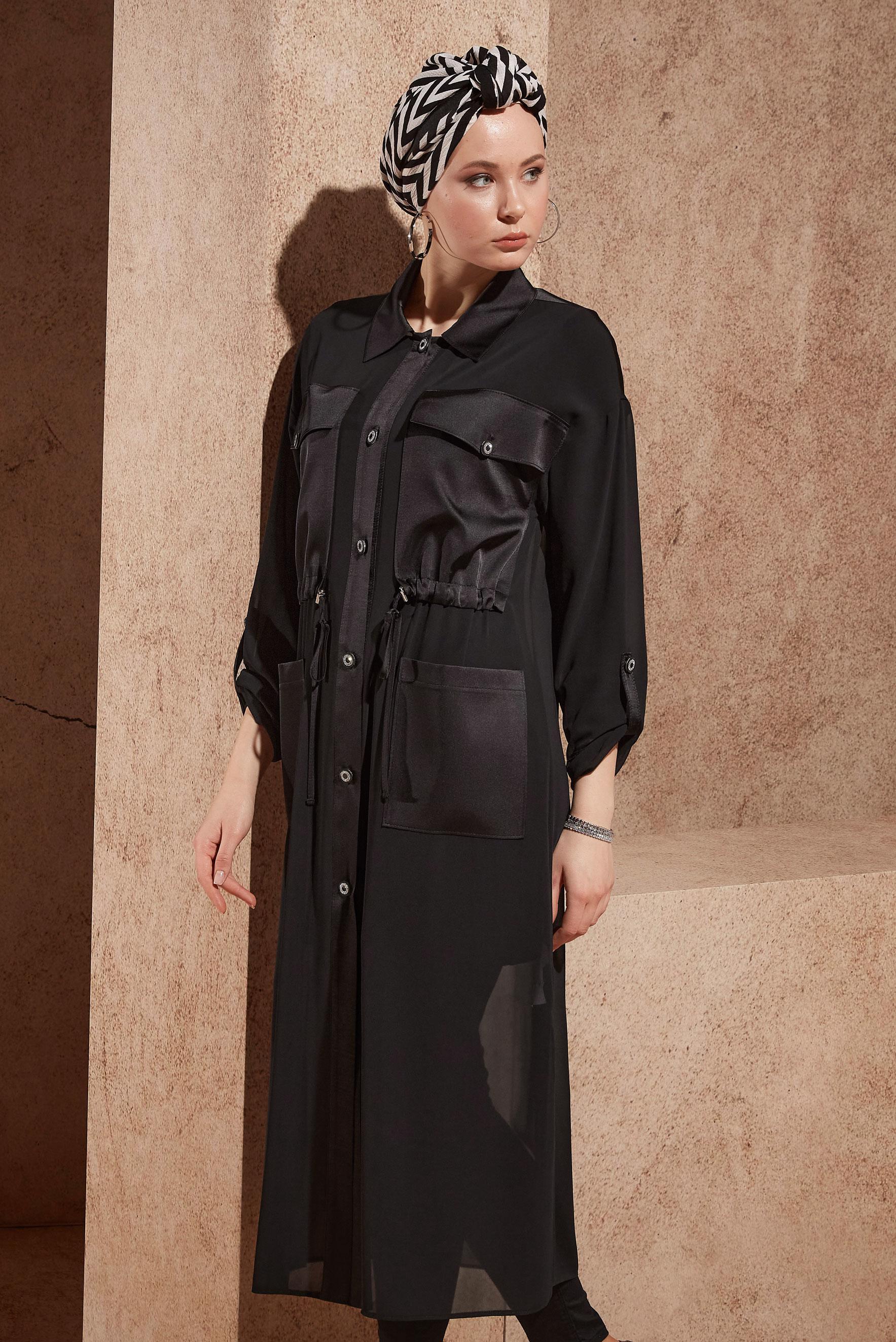 Hijab clothing BLACK SATIN DETAILED CHIFFON TUNIC 44498