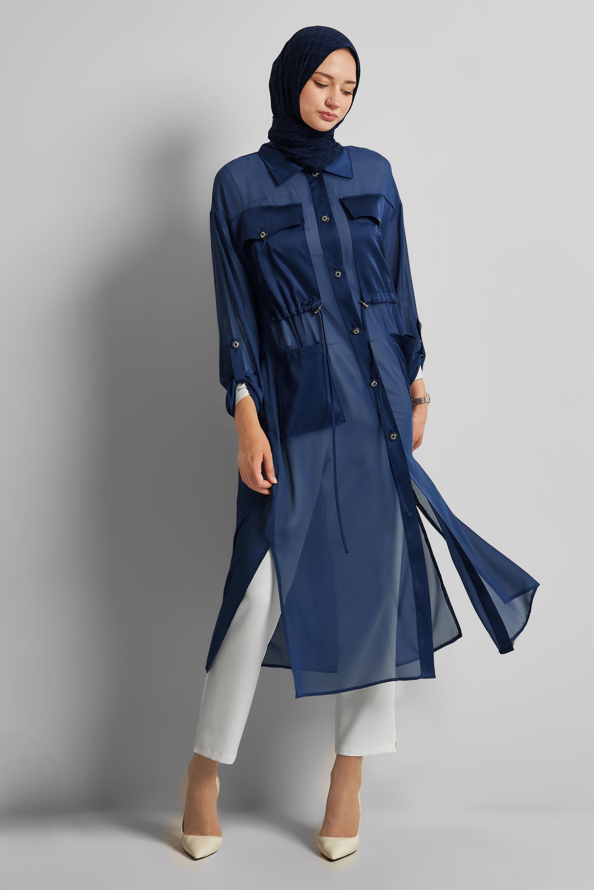 Tesettür giyim LACİVERT SATEN DETAYLI ŞİFON TUNİK 44498