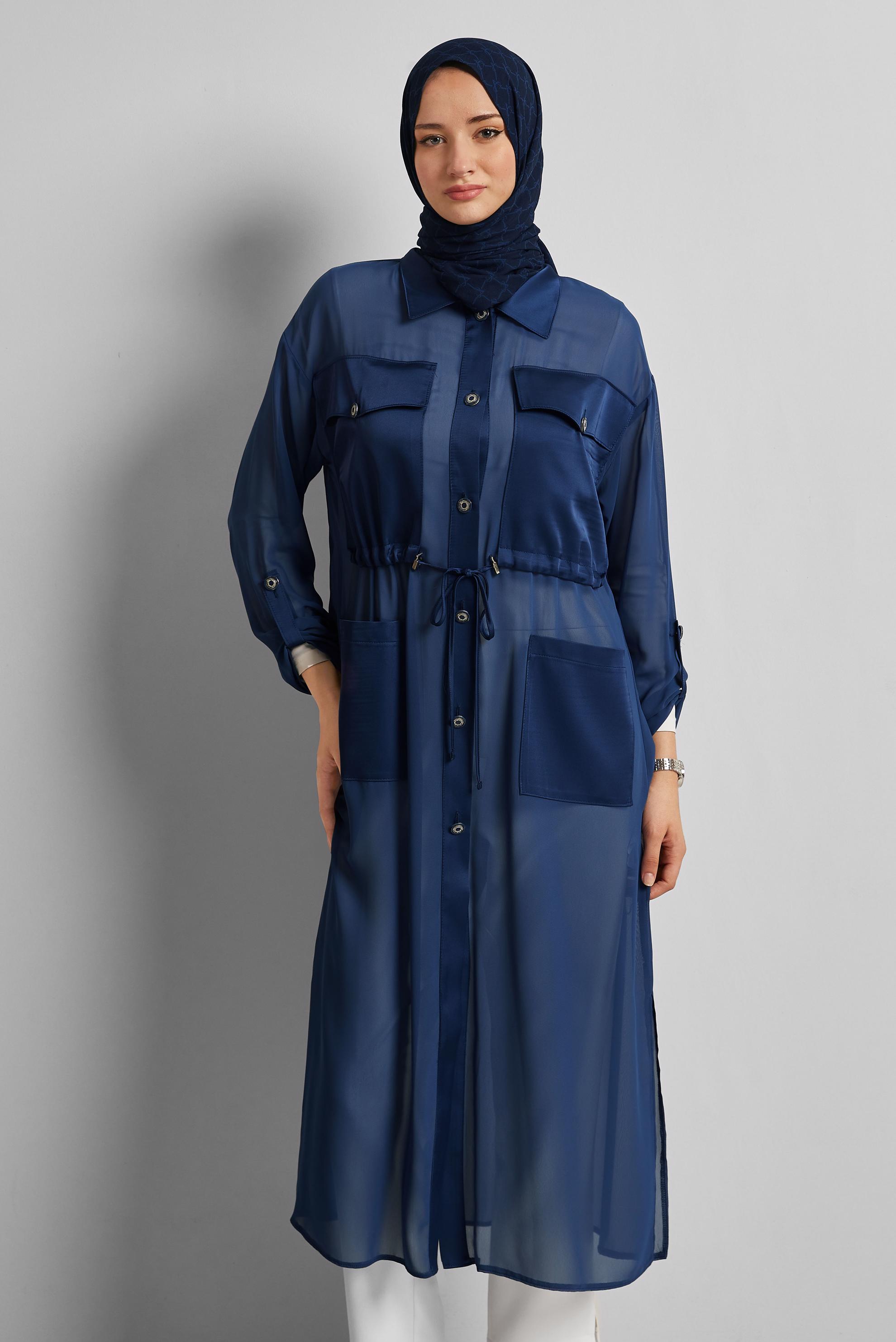 Tesettür giyim LACİVERT SATEN DETAYLI ŞİFON TUNİK 44498