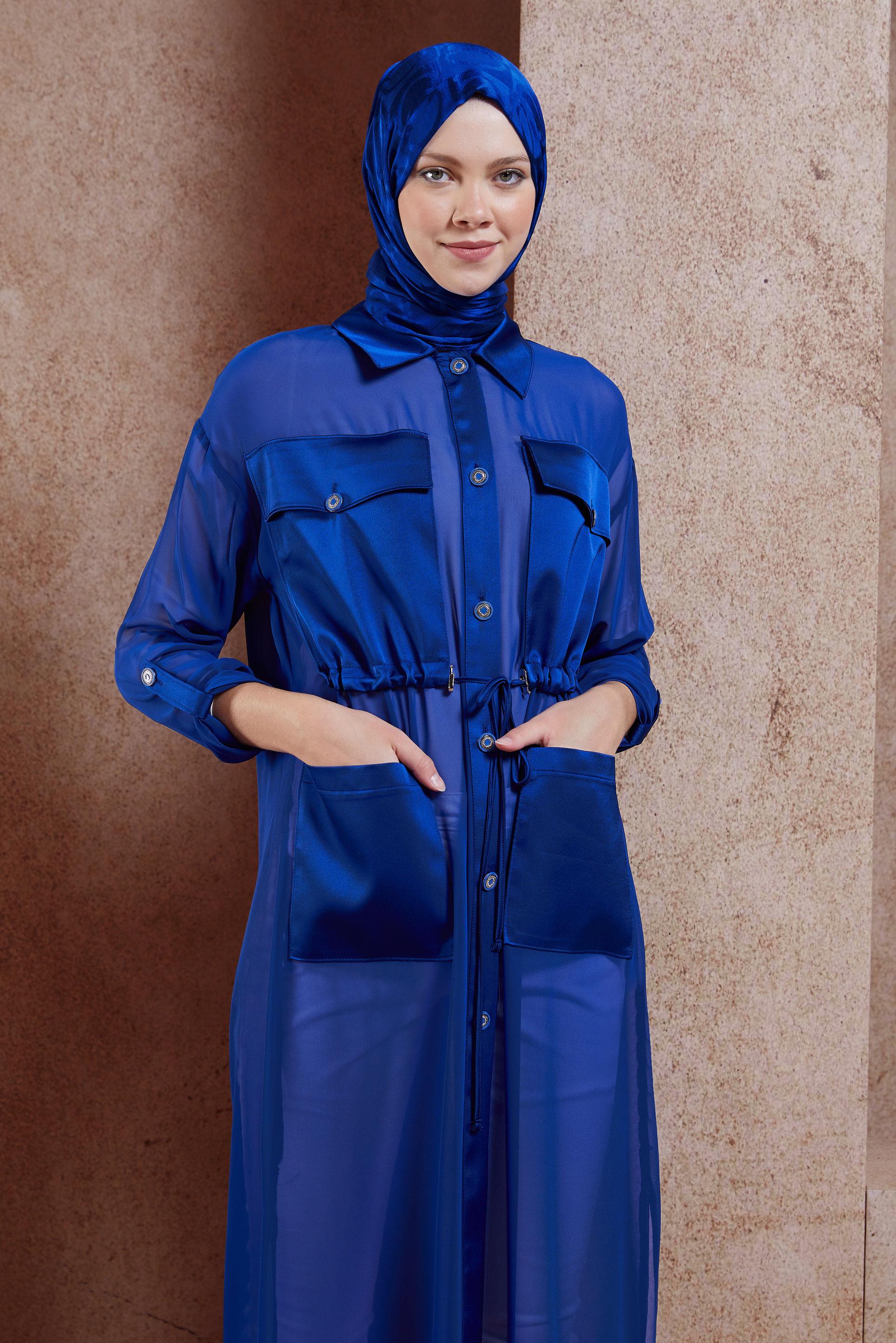 Tesettür giyim LACİVERT SATEN DETAYLI ŞİFON TUNİK 44498