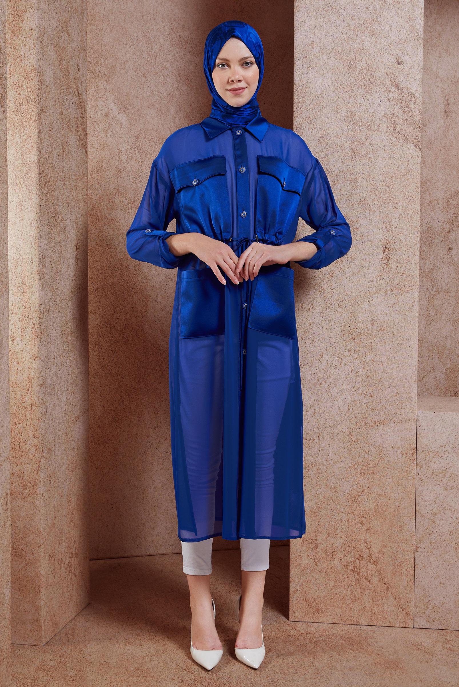 Tesettür giyim LACİVERT SATEN DETAYLI ŞİFON TUNİK 44498