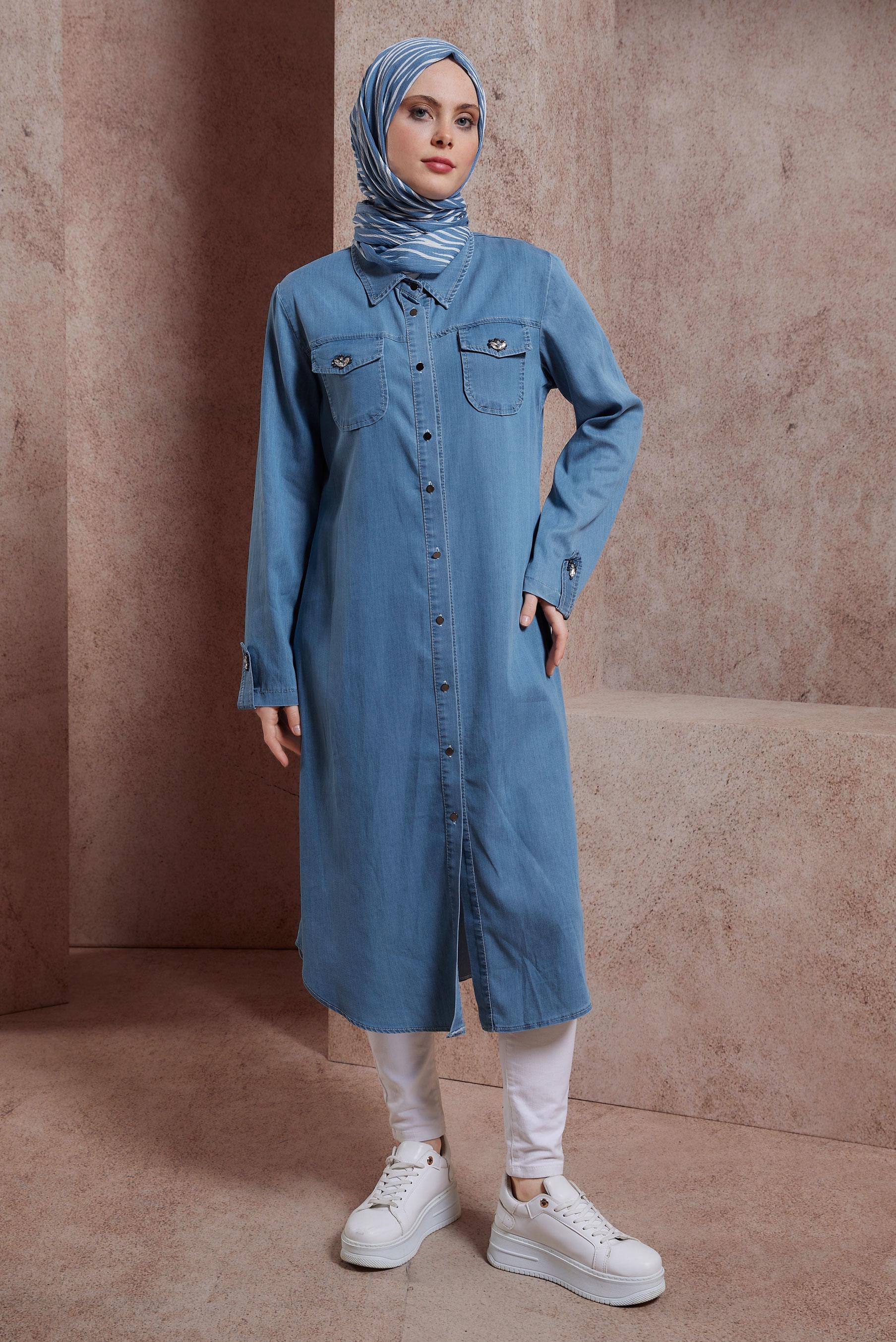 Tesettür giyim MAVİ GÖMLEK YAKA TUNİK 44522