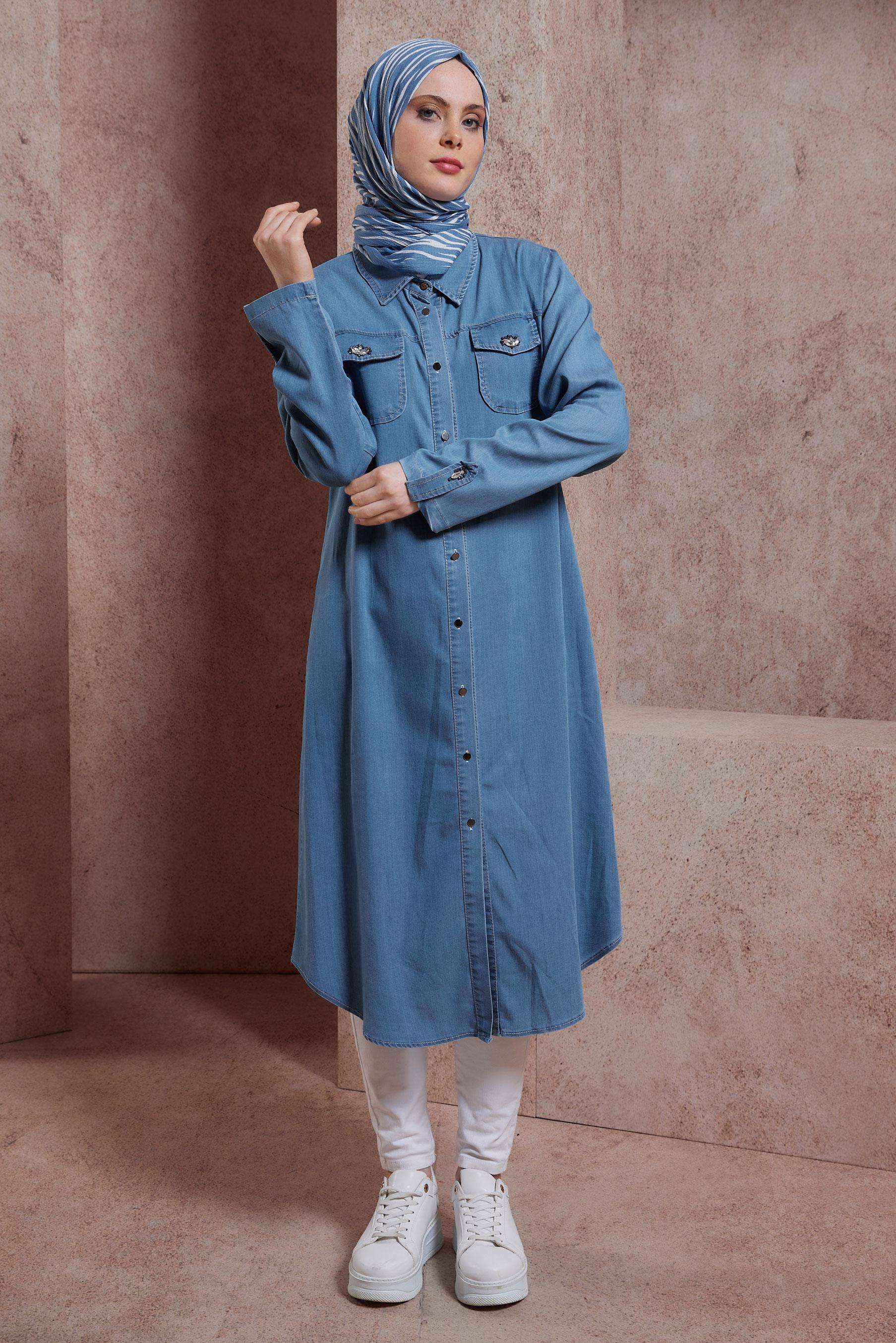 Tesettür giyim MAVİ GÖMLEK YAKA TUNİK 44522