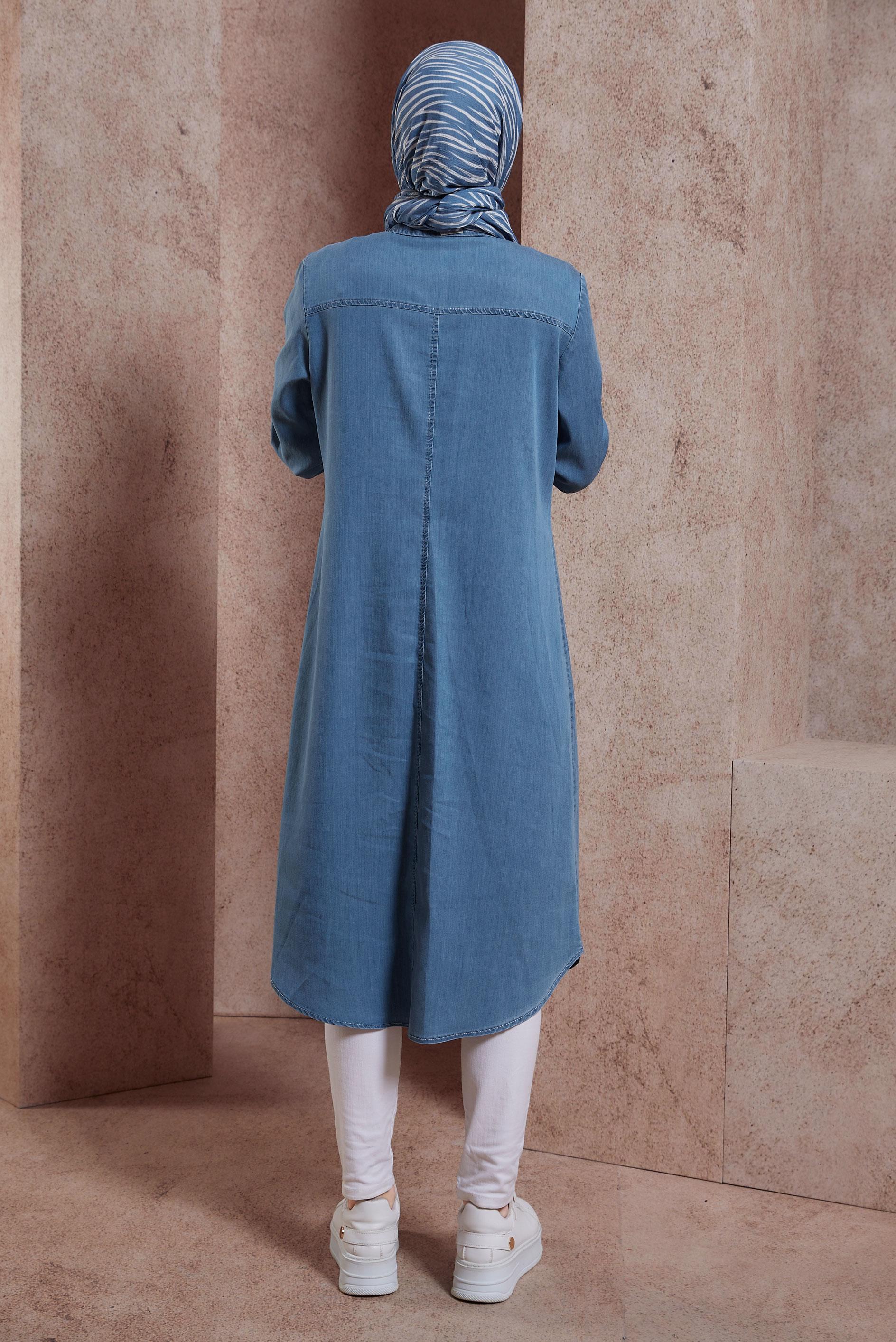 Tesettür giyim MAVİ GÖMLEK YAKA TUNİK 44522