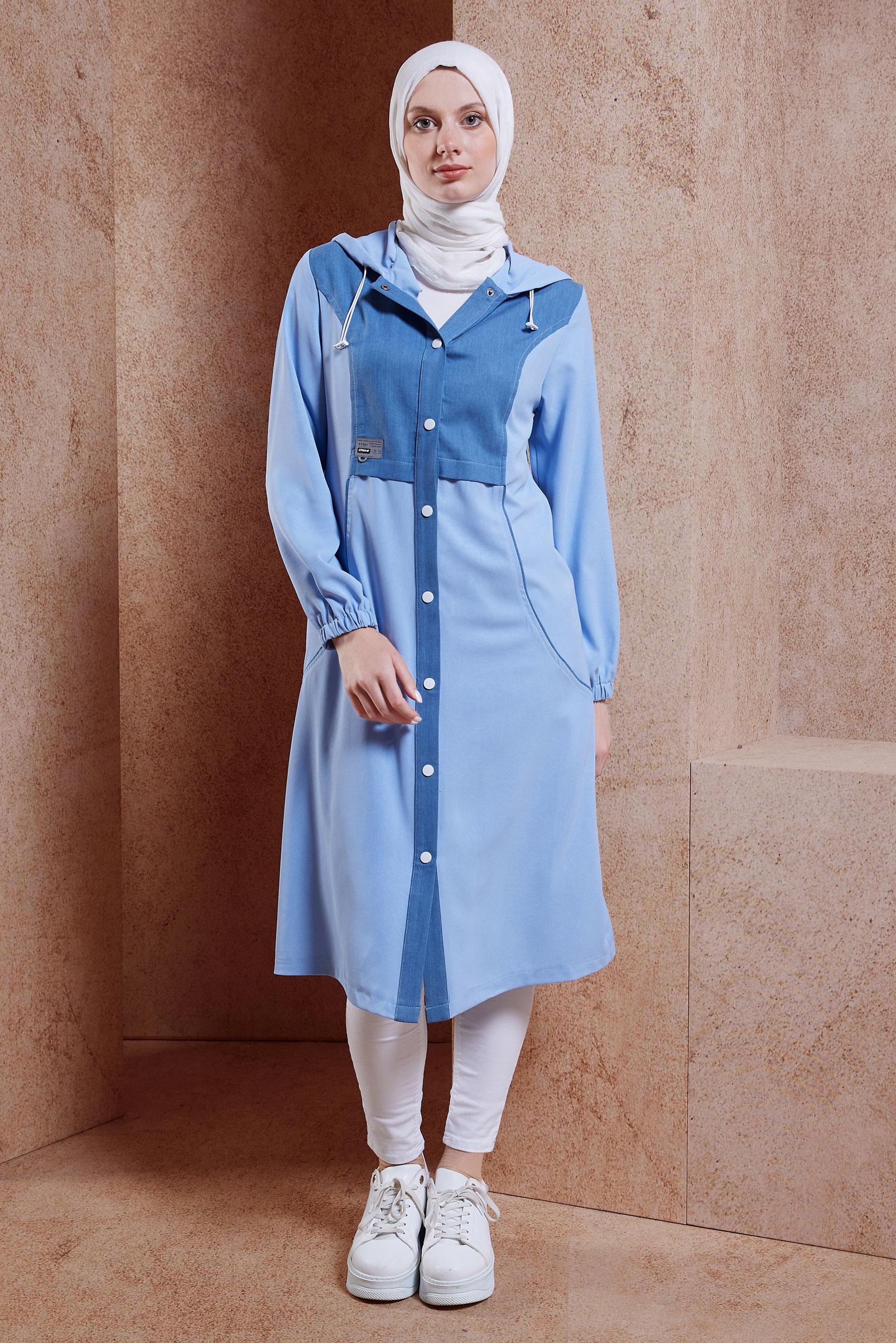 Tesettür giyim MAVİ KAPÜŞONLU TESETTÜR TUNİK 44530