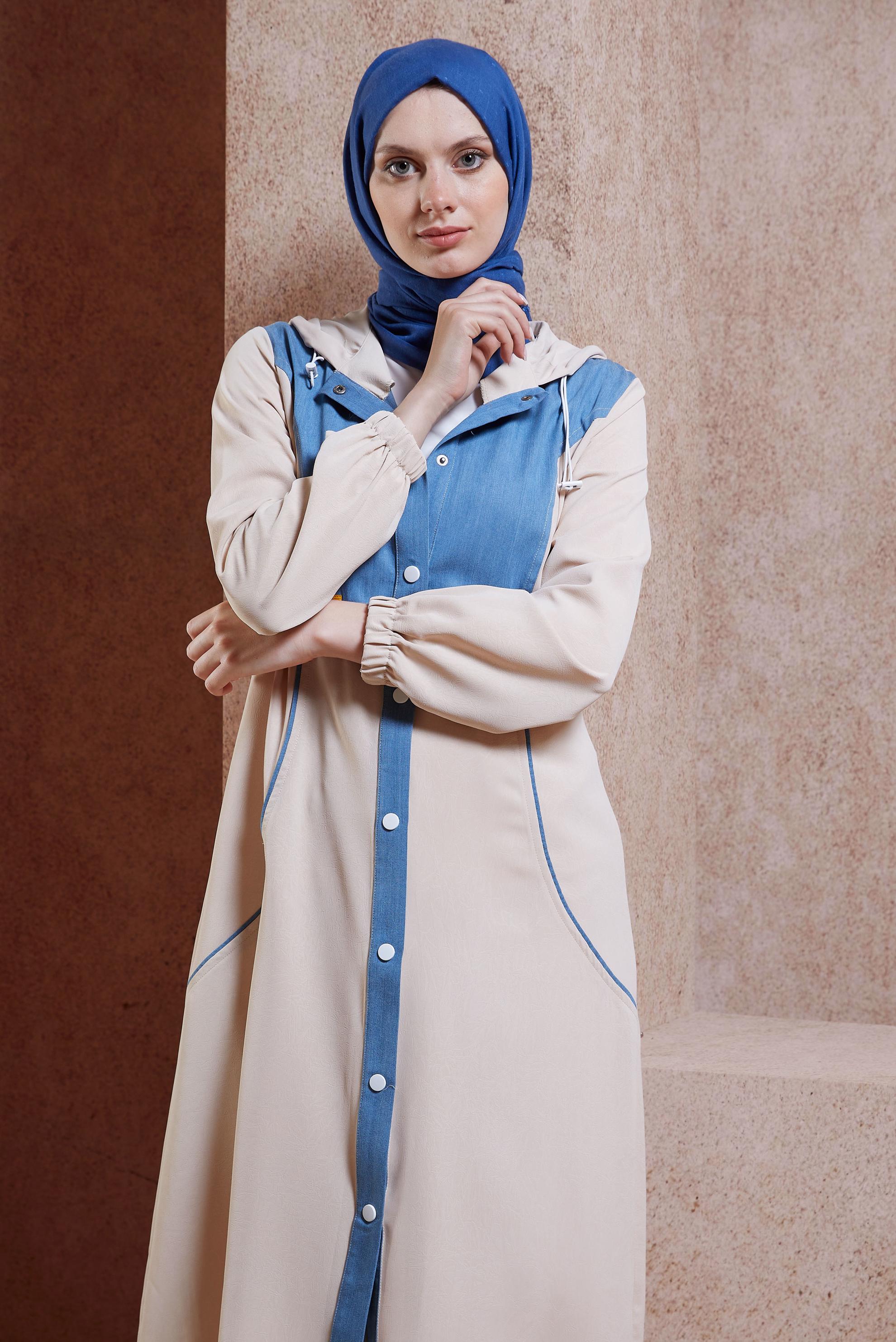 Tesettür giyim BEJ KAPÜŞONLU TESETTÜR TUNİK 44530